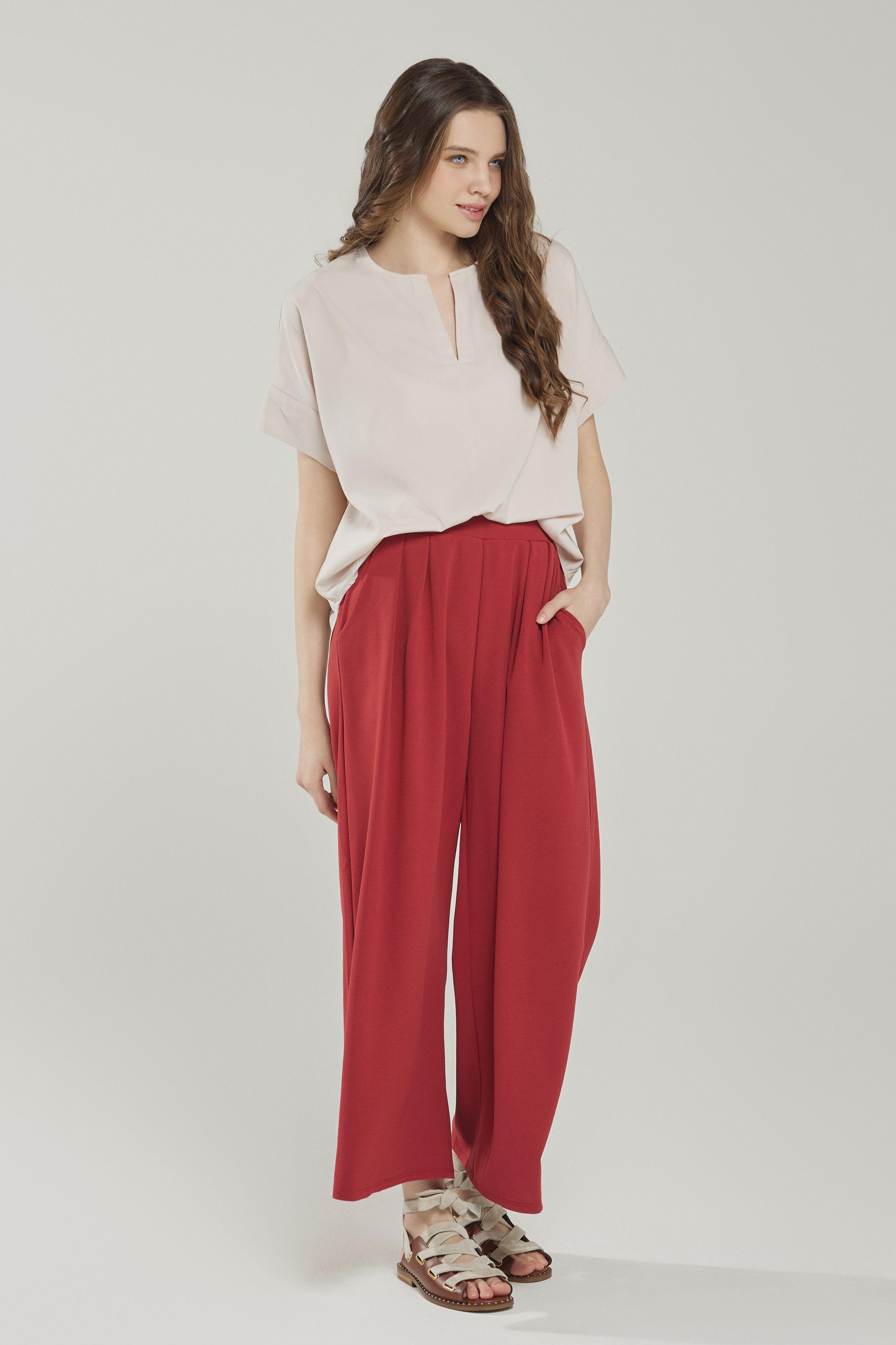 High Waisted Pleated Wide Leg Pants - Dk.Cinnamon - noflik