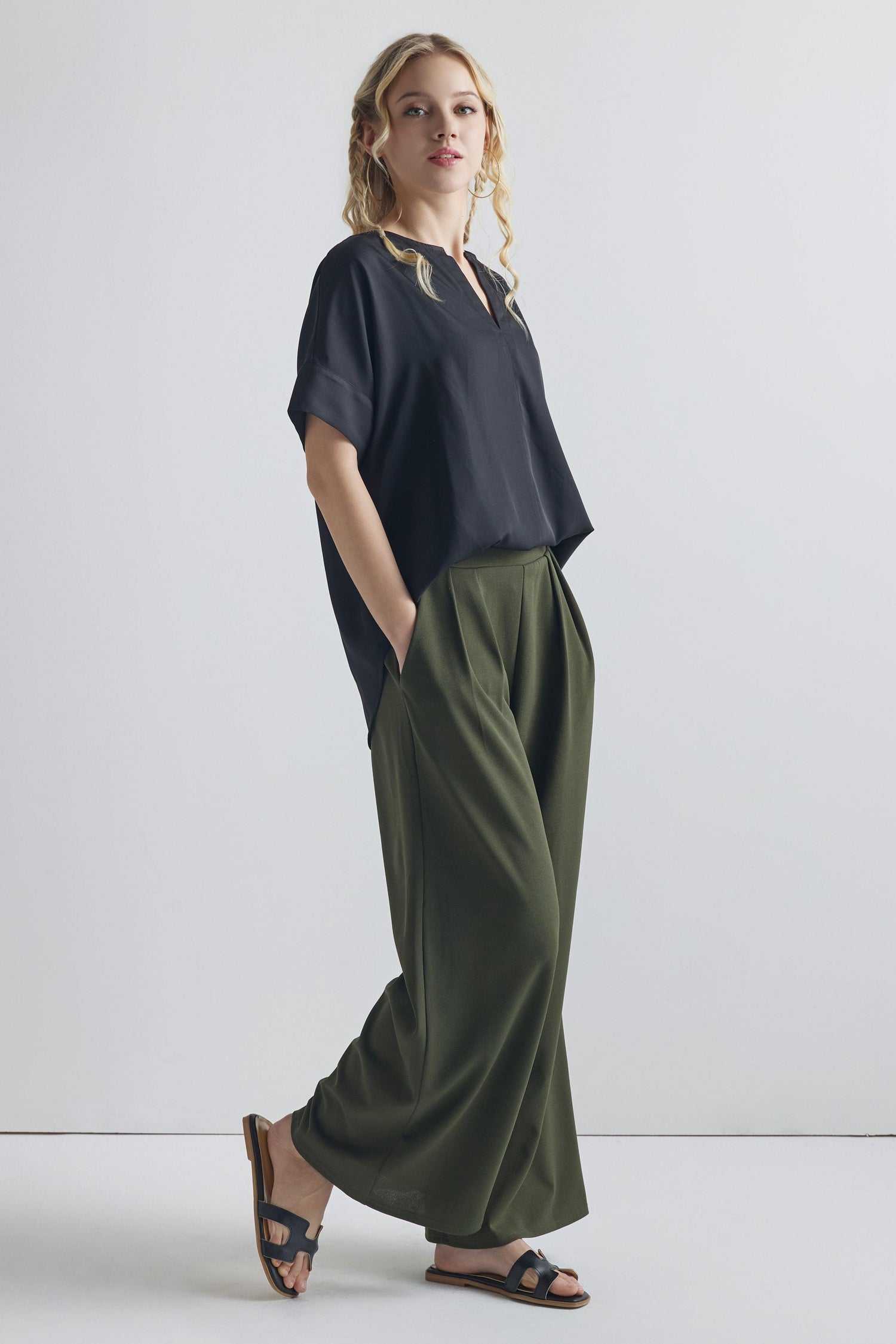 High Waisted Pleated Wide Leg Pants - Dk.Olive - noflik