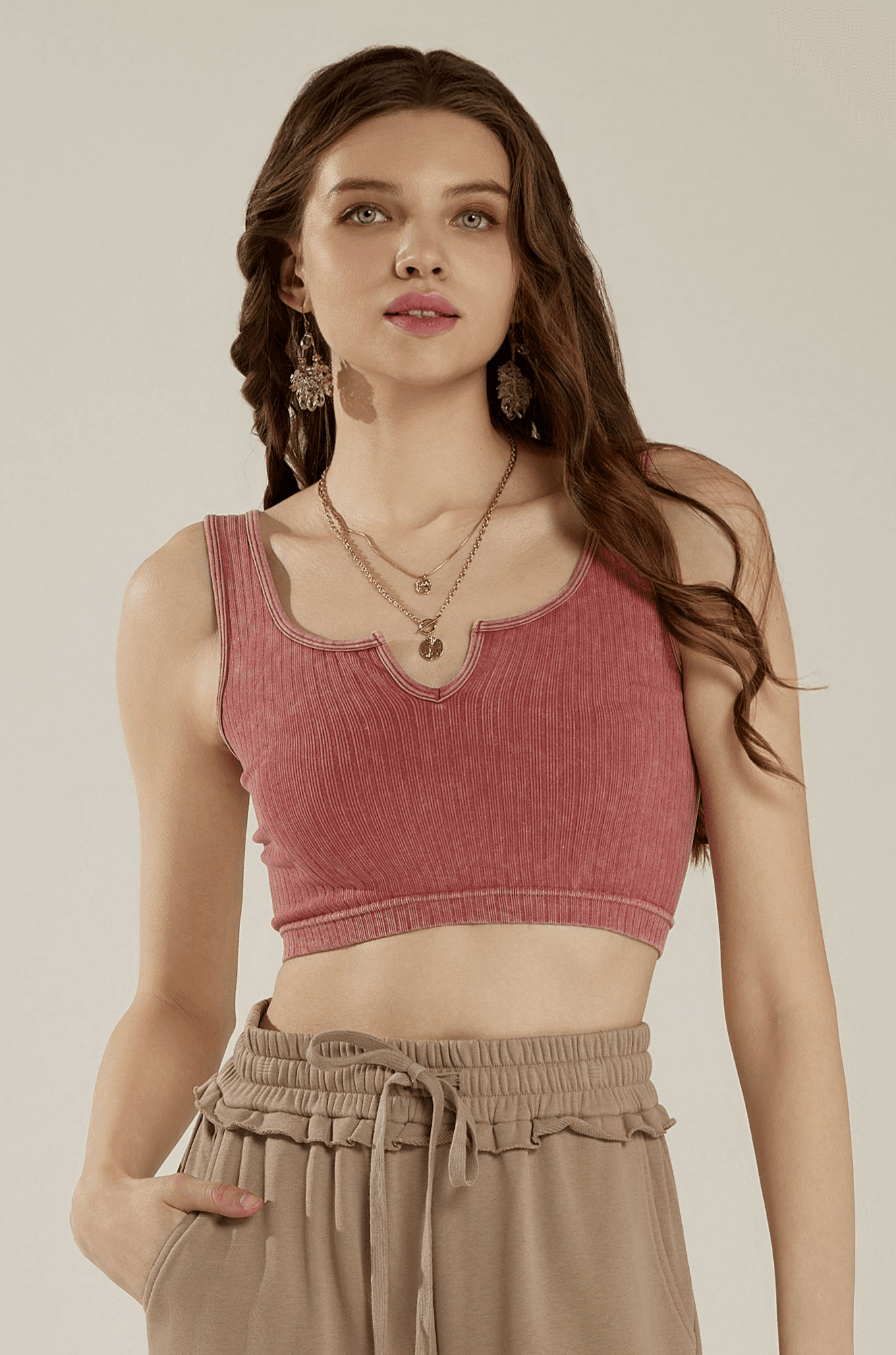 Keyhole cutout neckline Washed ribbed stretch Bralette - Rust - noflik