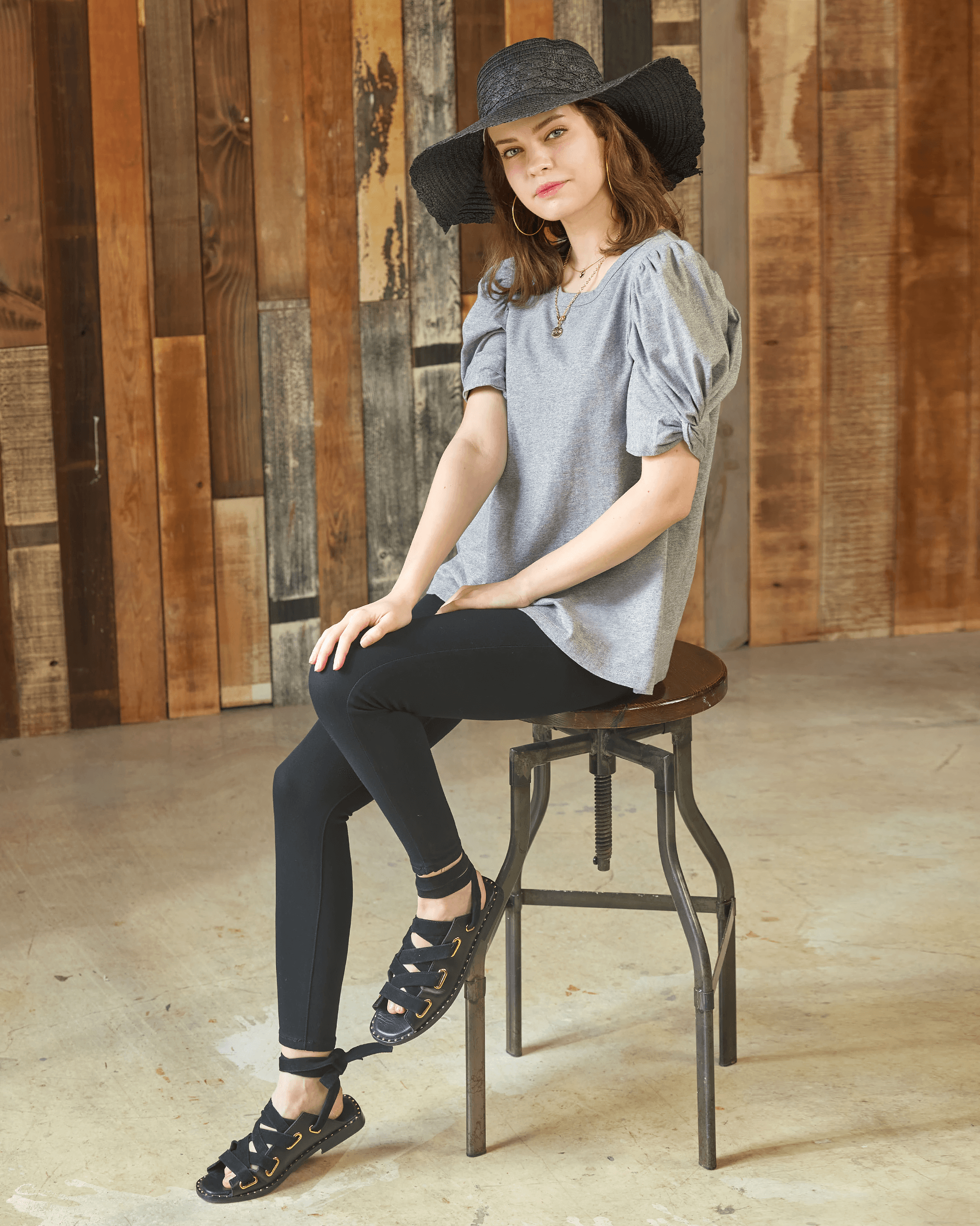 Knotted Puff Sleeve Top - Charcoal Grey
