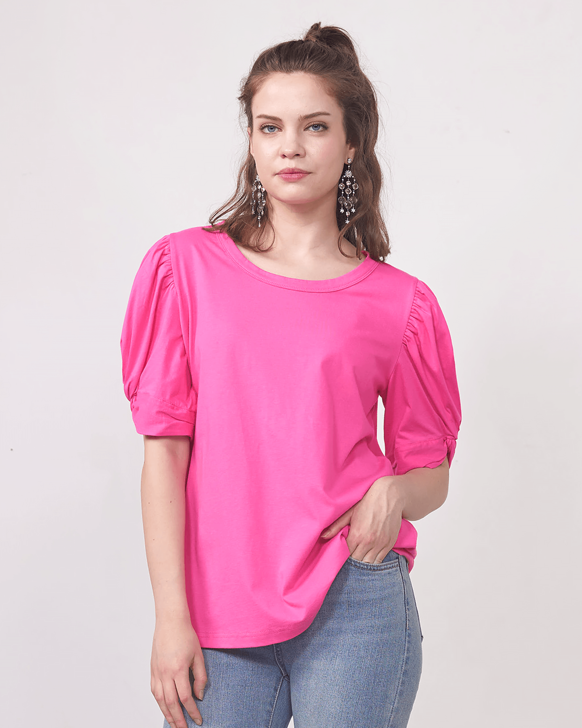 Knotted Puff Sleeve Top - Fuchsia