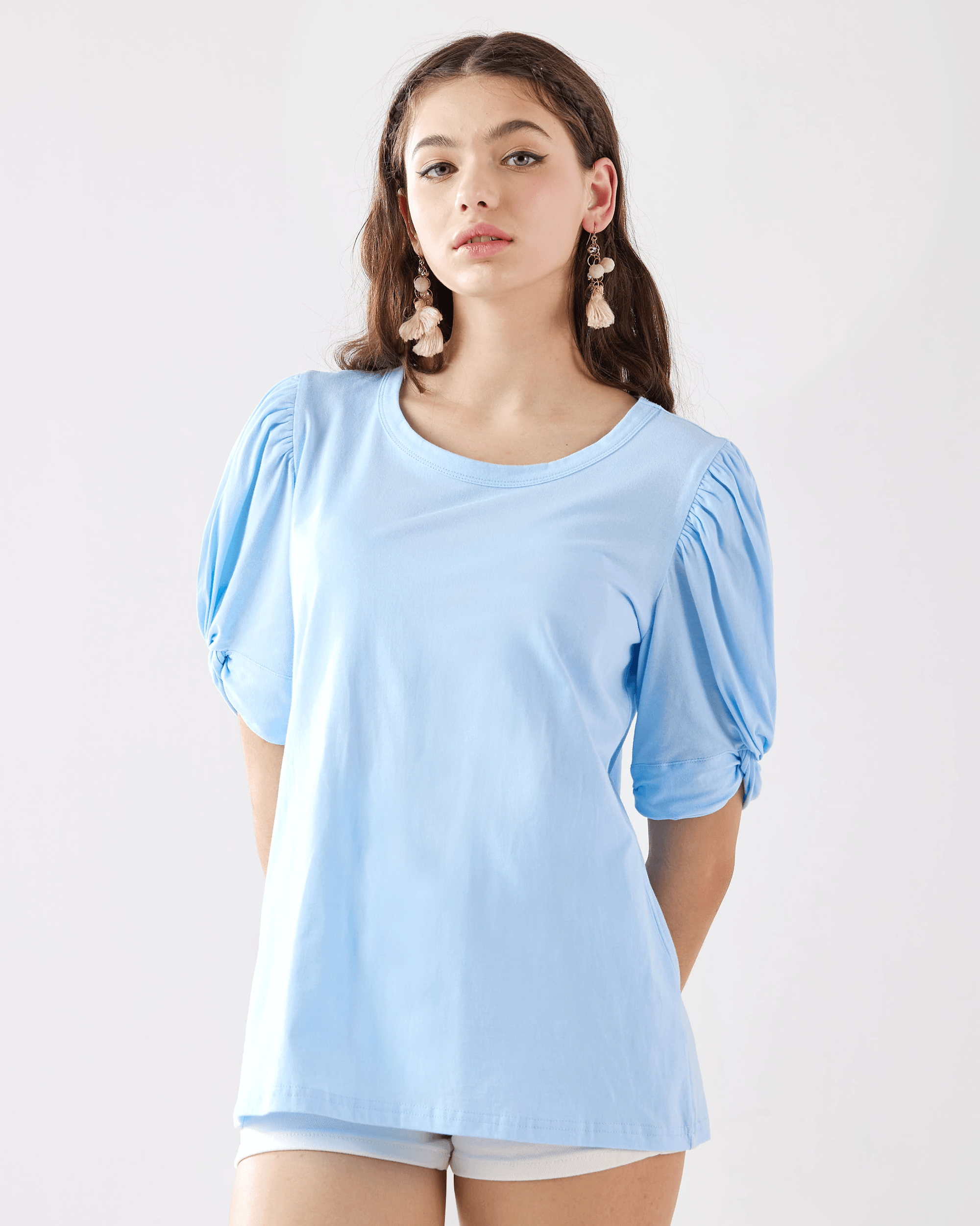 Knotted Puff Sleeve Top - LT.Blue