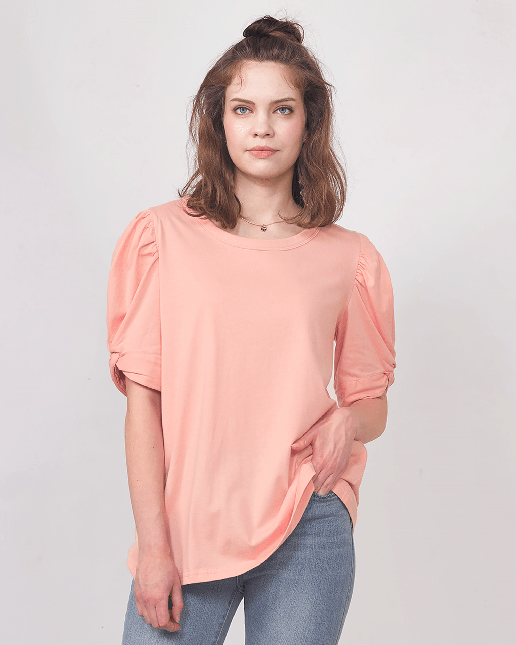 Knotted Puff Sleeve Top - Orange Peach