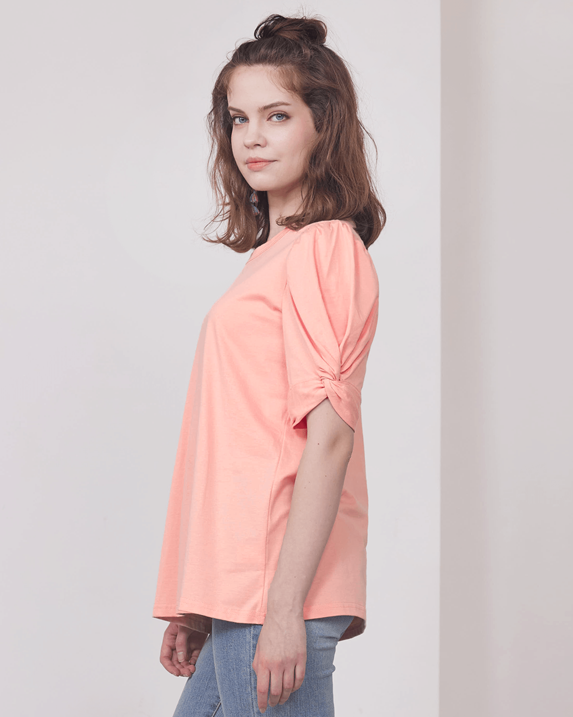 Knotted Puff Sleeve Top - Orange Peach