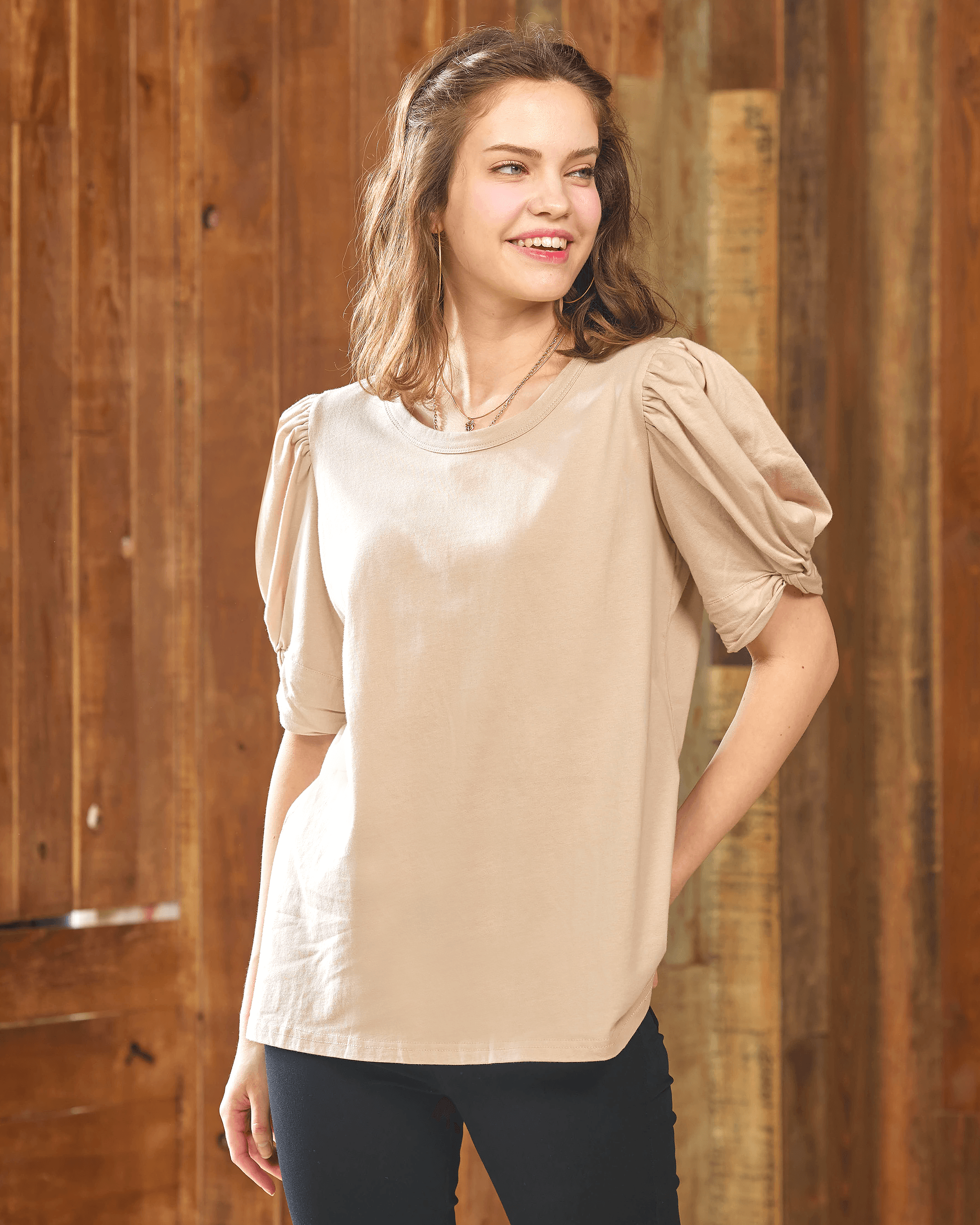 Knotted Puff Sleeve Top - Taupe - noflik