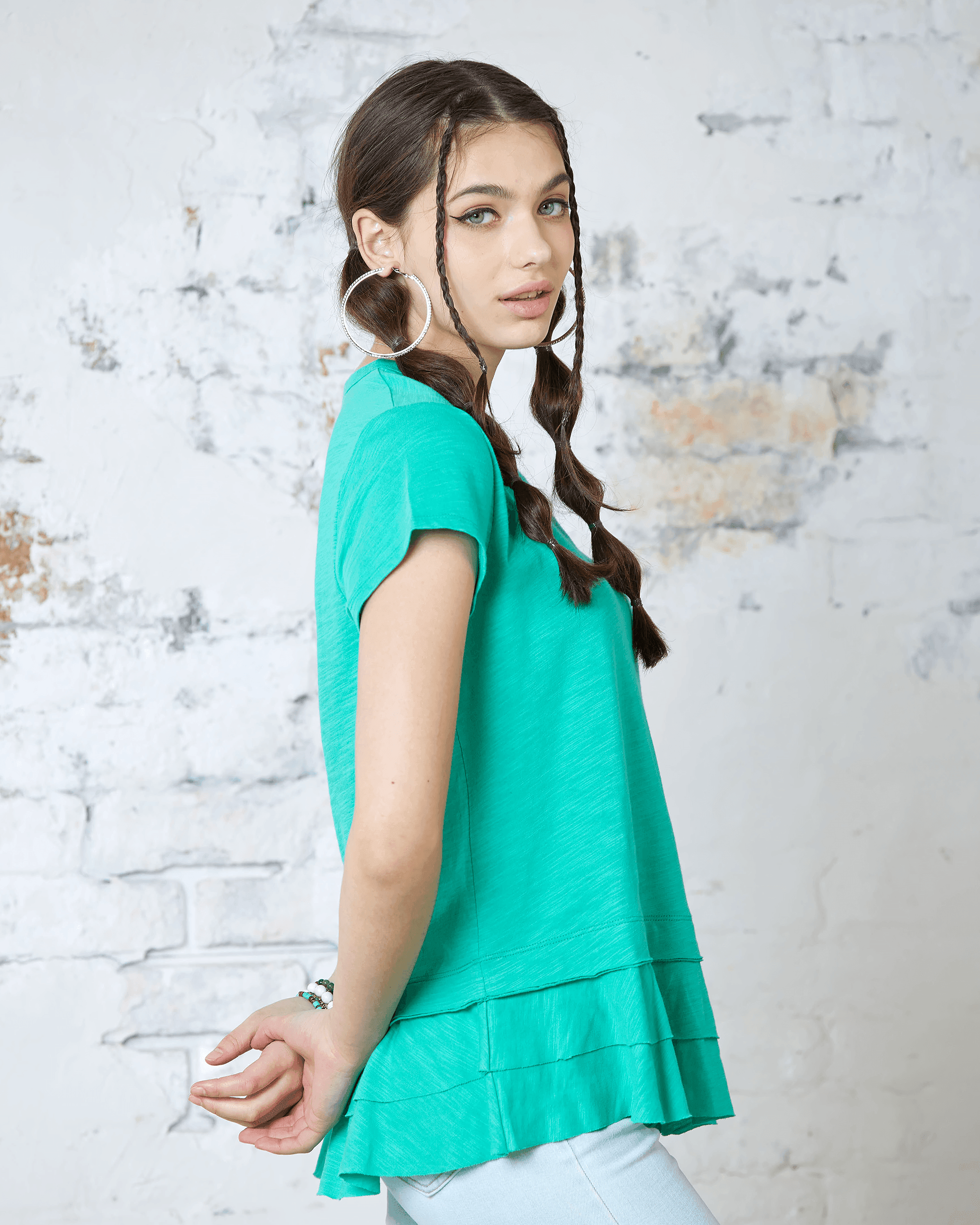 Layered Ruffle Hem Short Sleeve Tee - Green - noflik