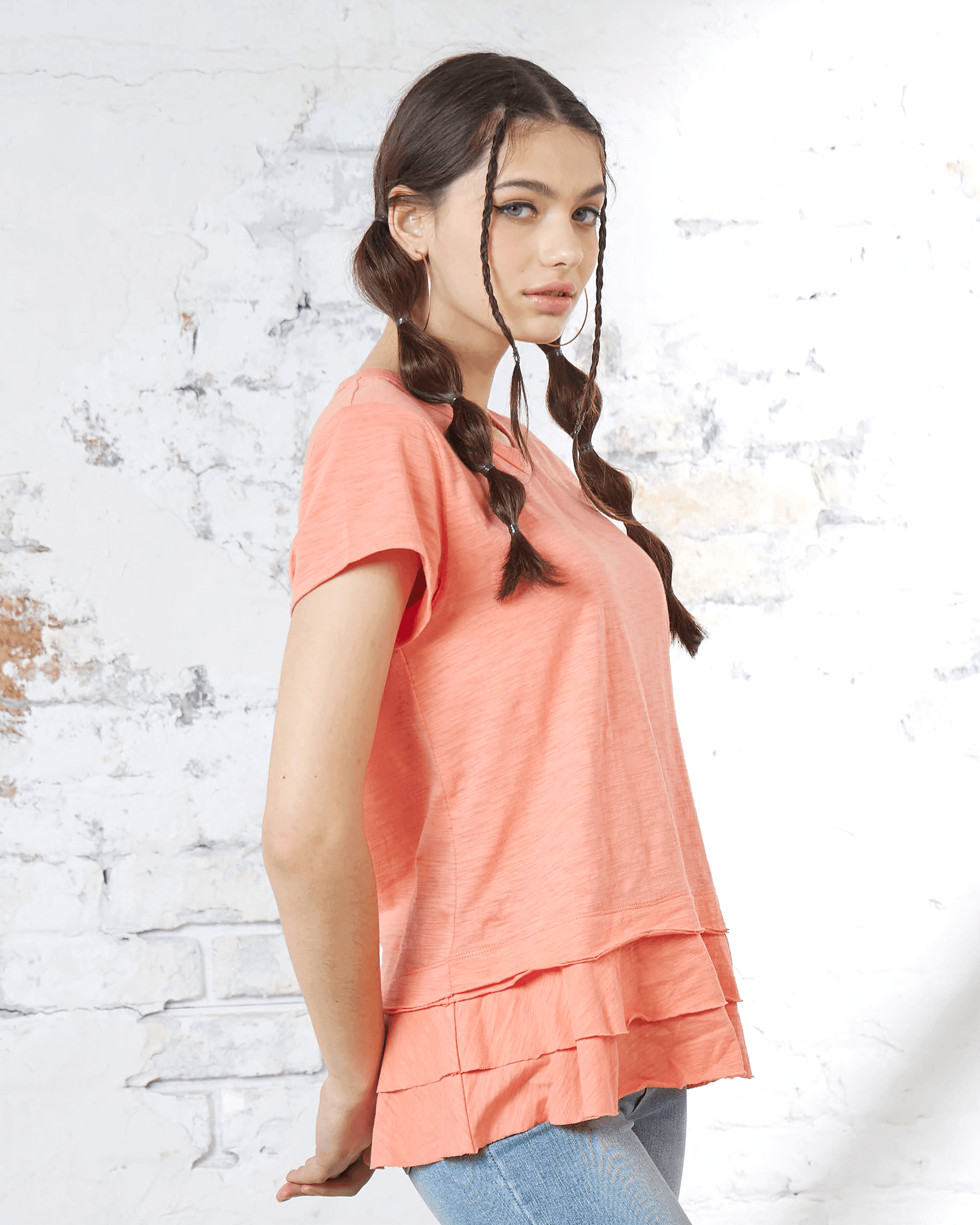 Layered Ruffle Hem Short Sleeve Tee - Orange - noflik