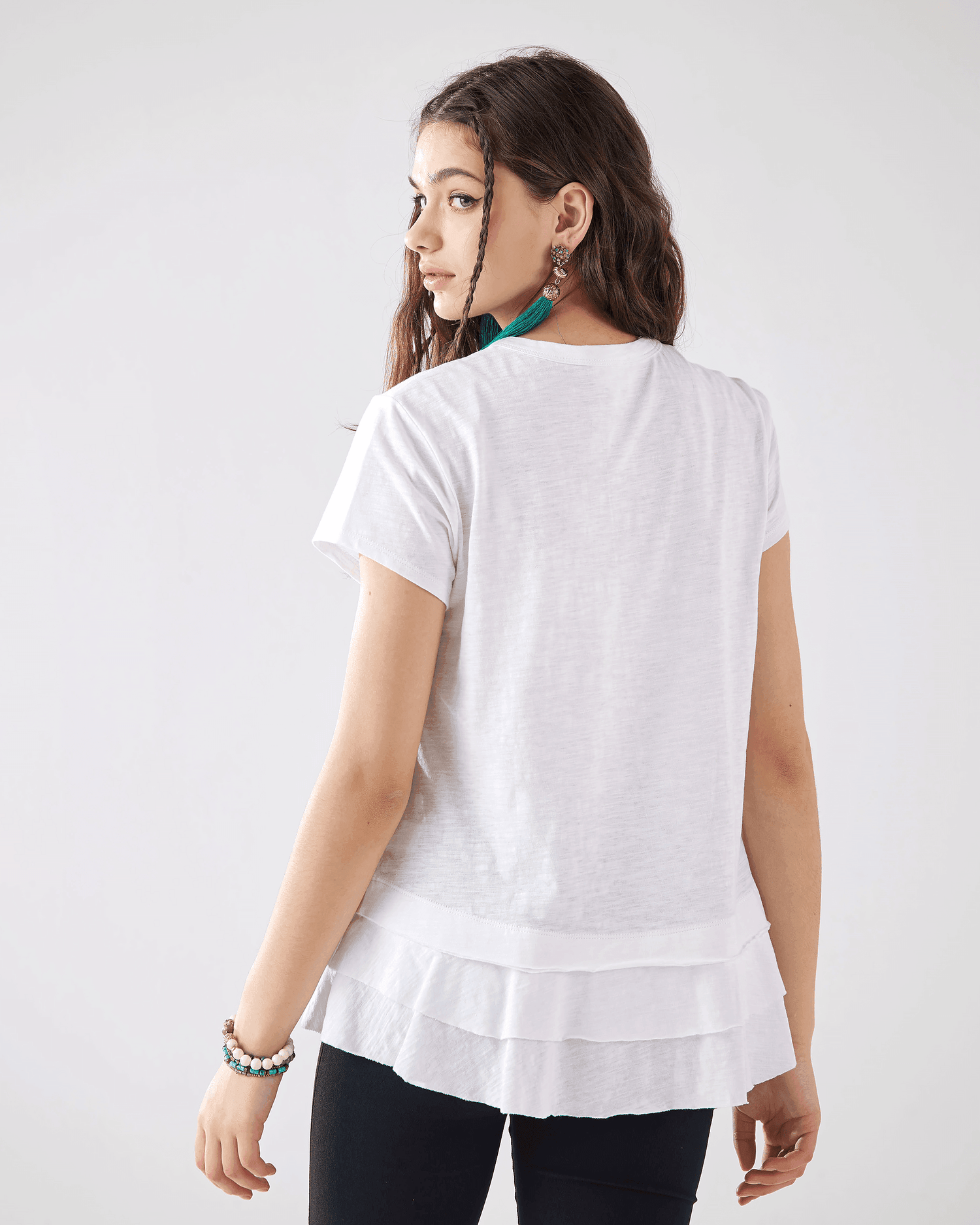 Layered Ruffle Hem Short Sleeve Tee - White - noflik