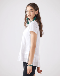 Layered Ruffle Hem Short Sleeve Tee - White - noflik