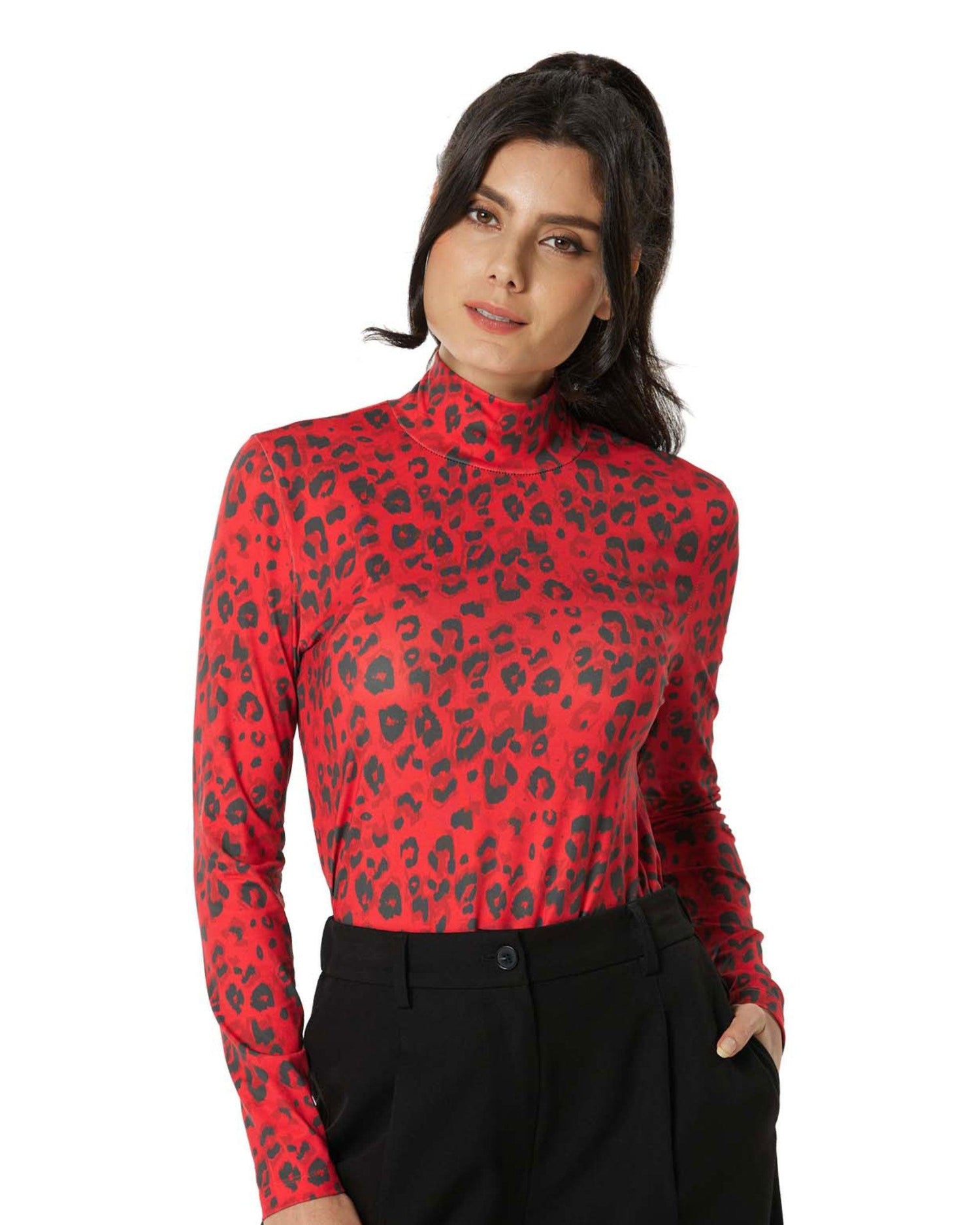 Long Sleeve Turtleneck Top - Red Leopard - noflik