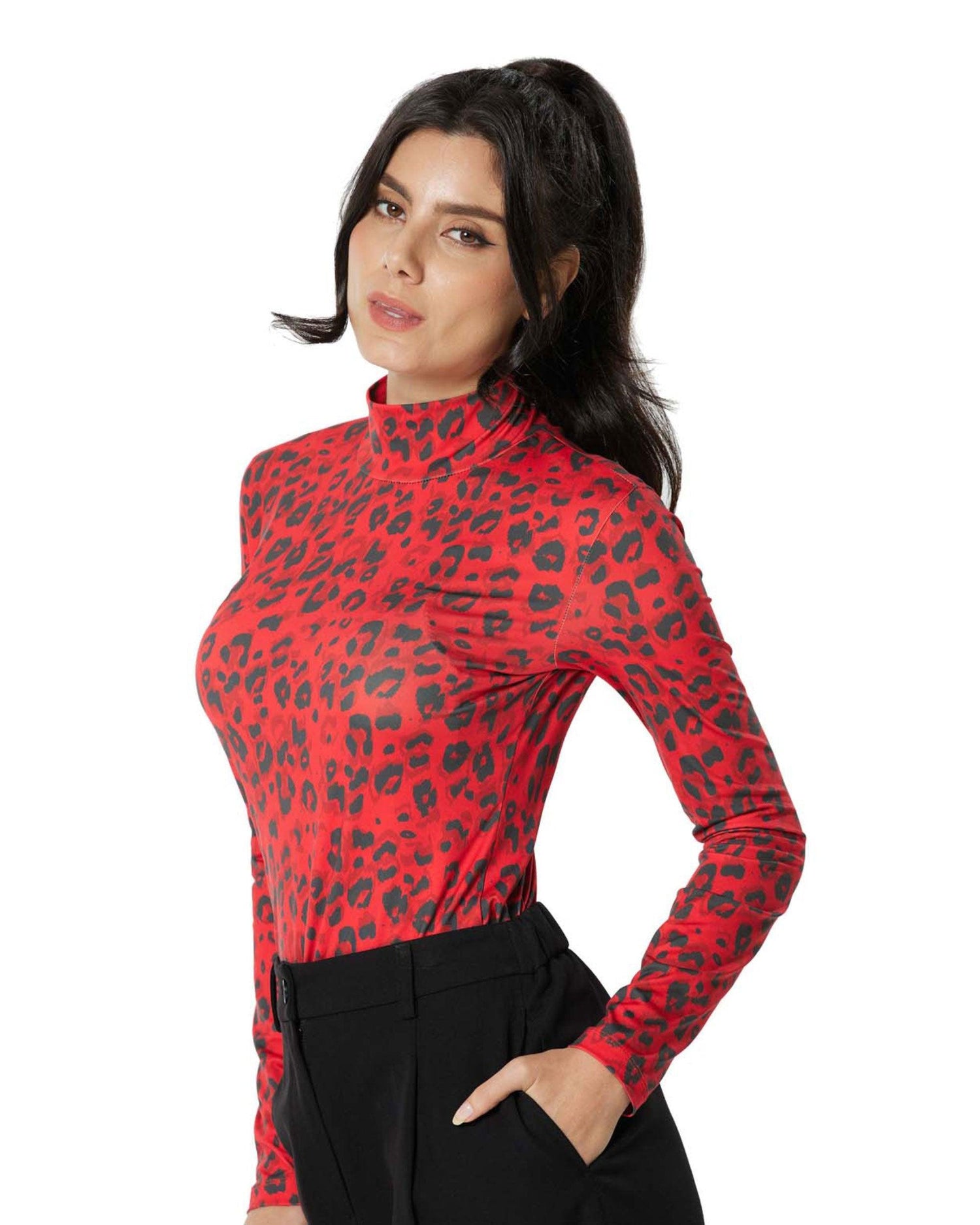 Long Sleeve Turtleneck Top - Red Leopard - noflik