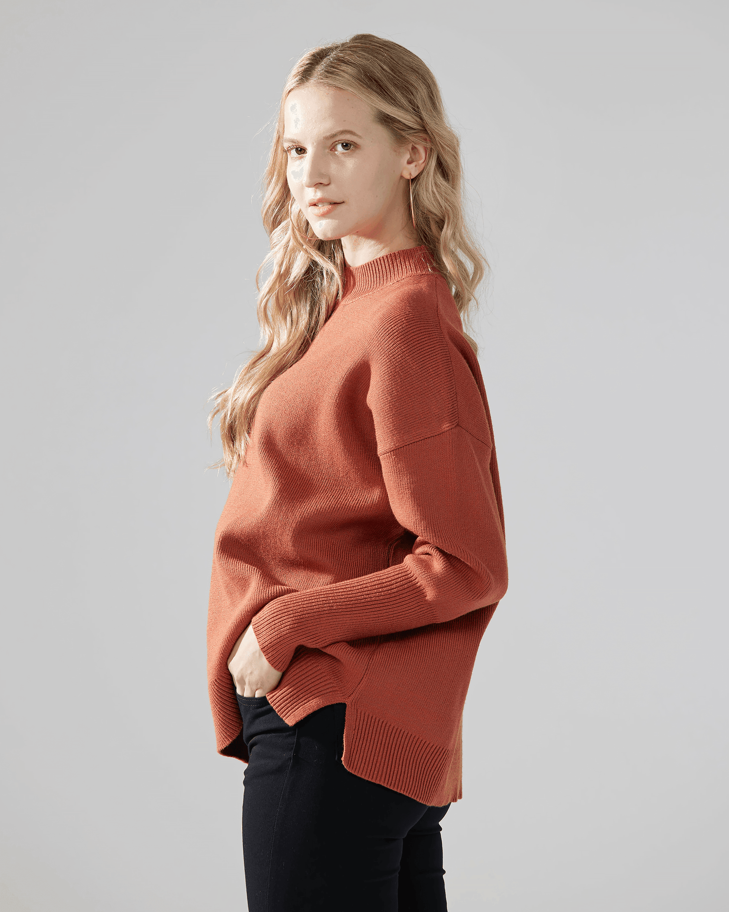 Mock Neck Balloon Sleeve Sweater - Rust - noflik