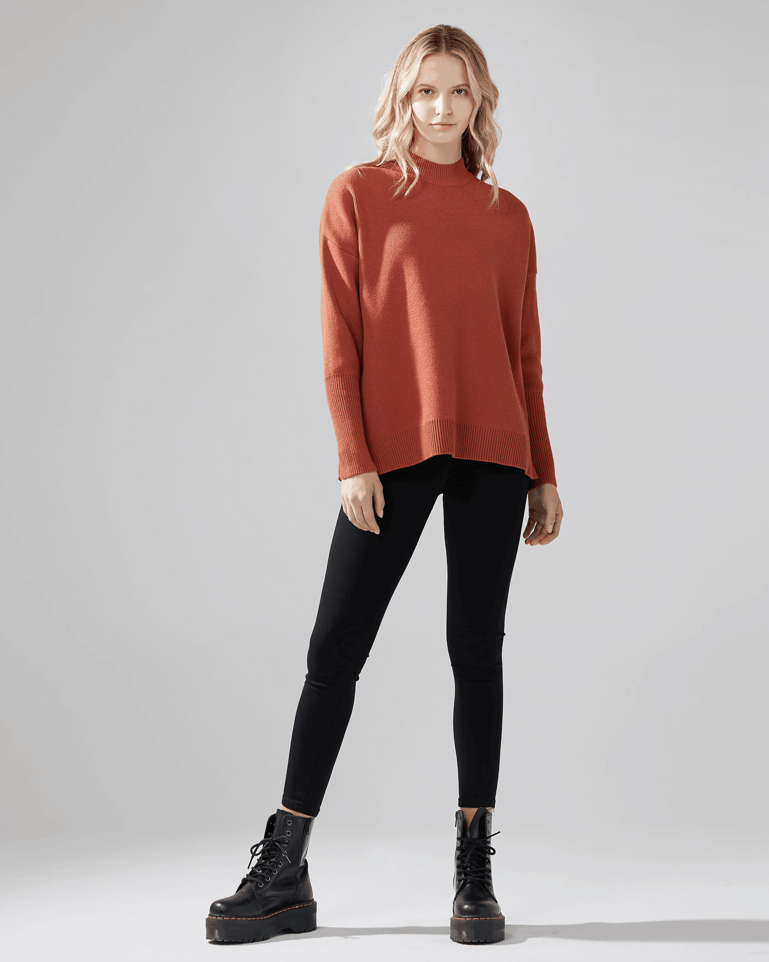 Mock Neck Balloon Sleeve Sweater - Rust - noflik