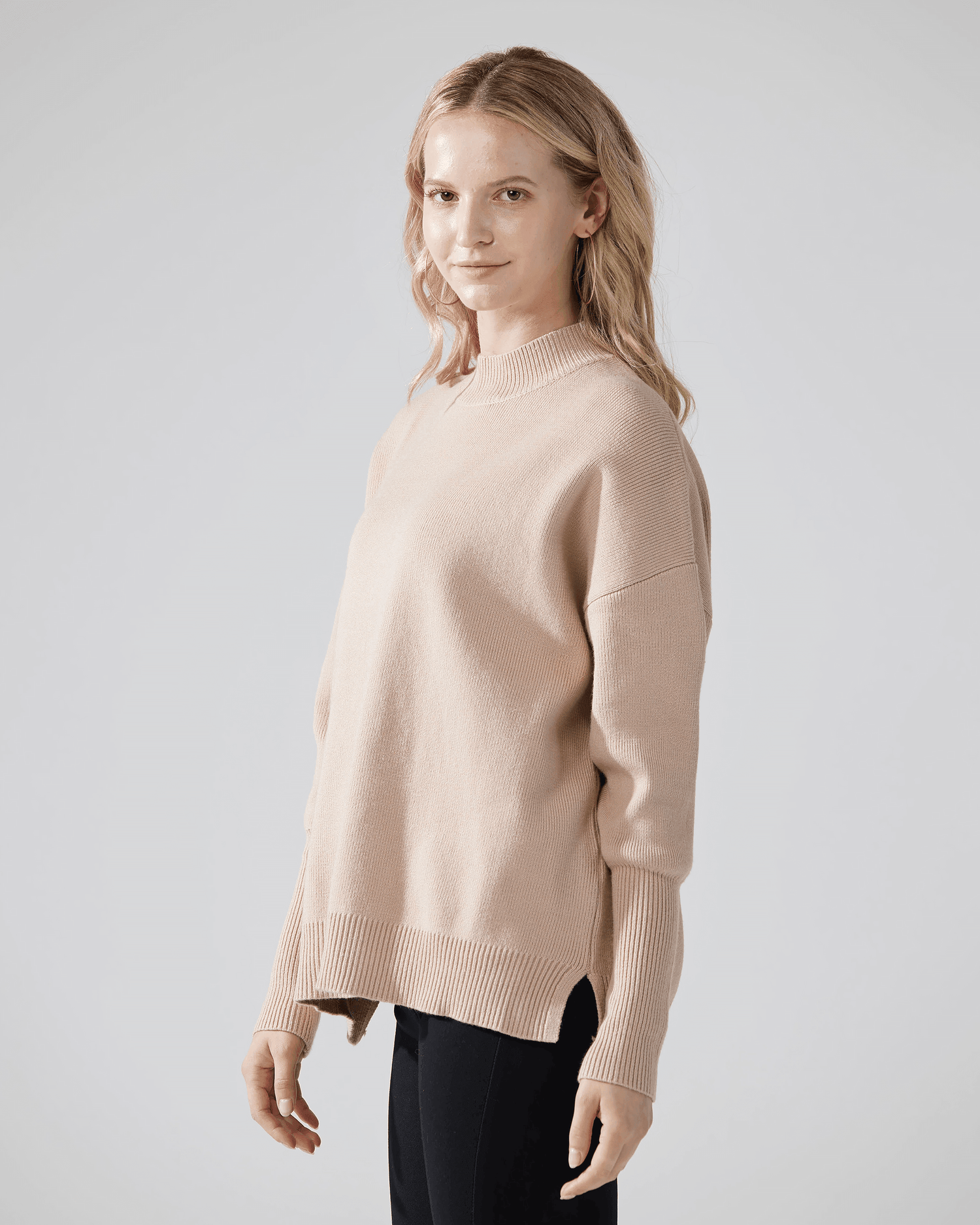 Mock Neck Balloon Sleeve Sweater - Taupe - noflik