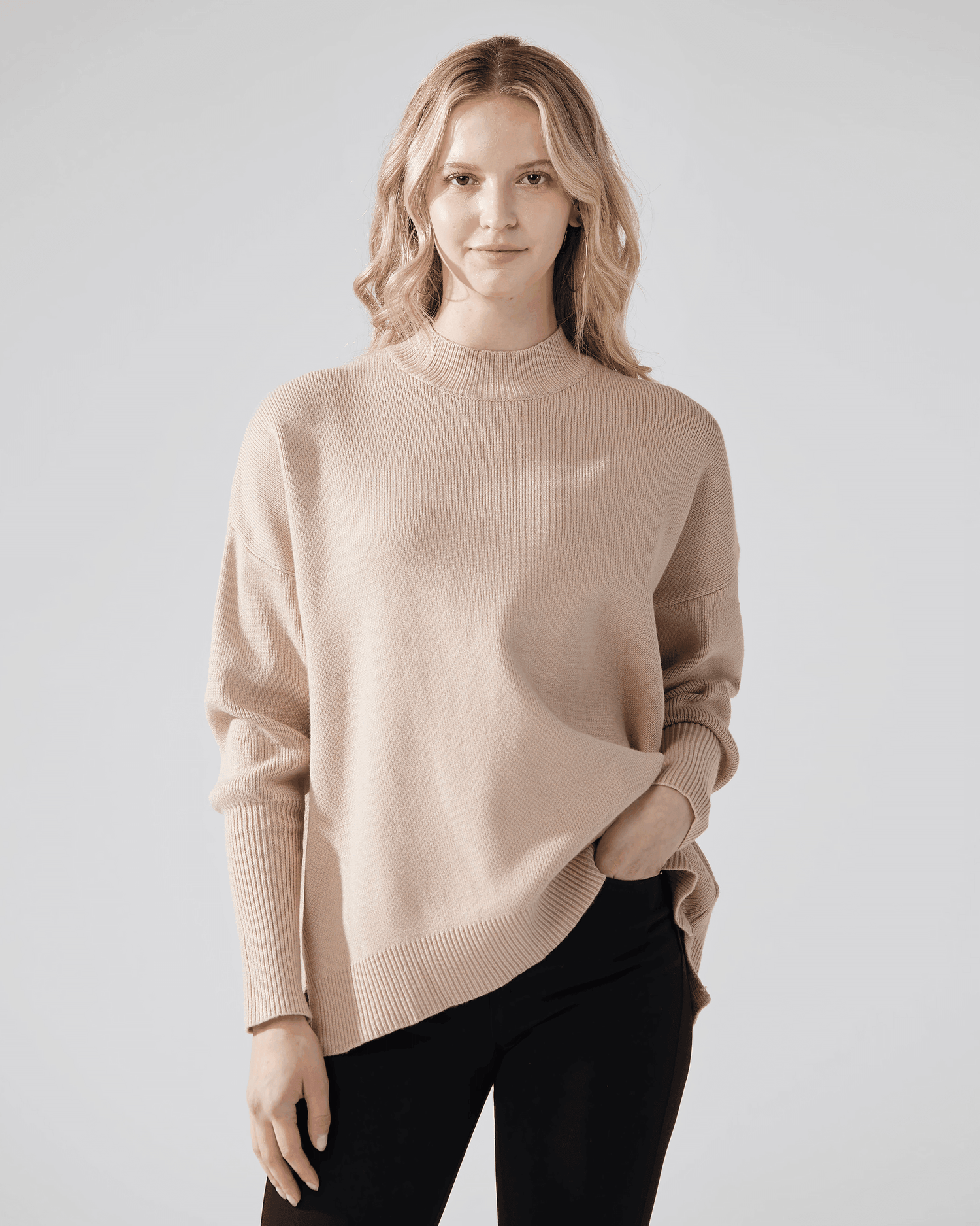 Mock Neck Balloon Sleeve Sweater - Taupe - noflik