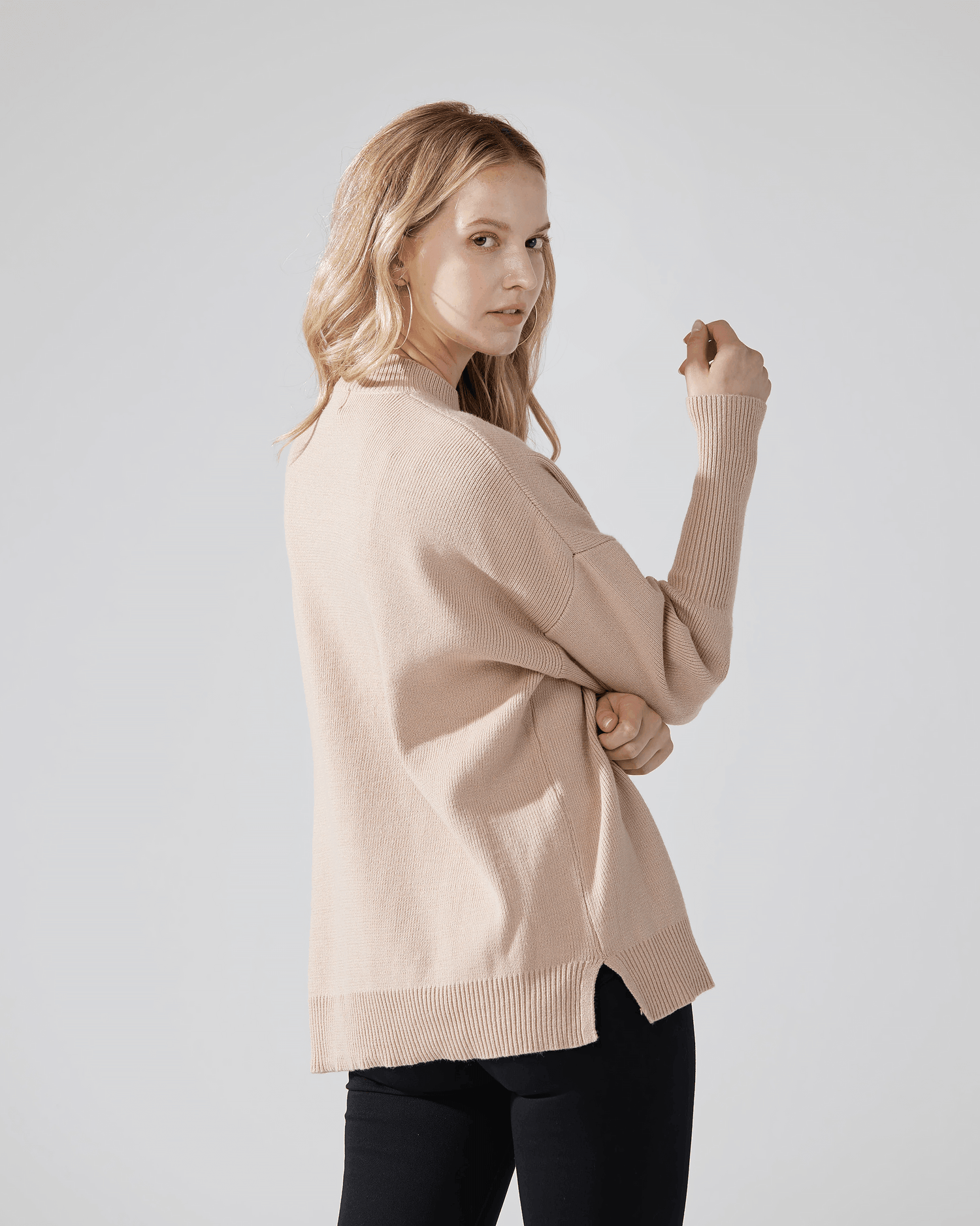 Mock Neck Balloon Sleeve Sweater - Taupe - noflik