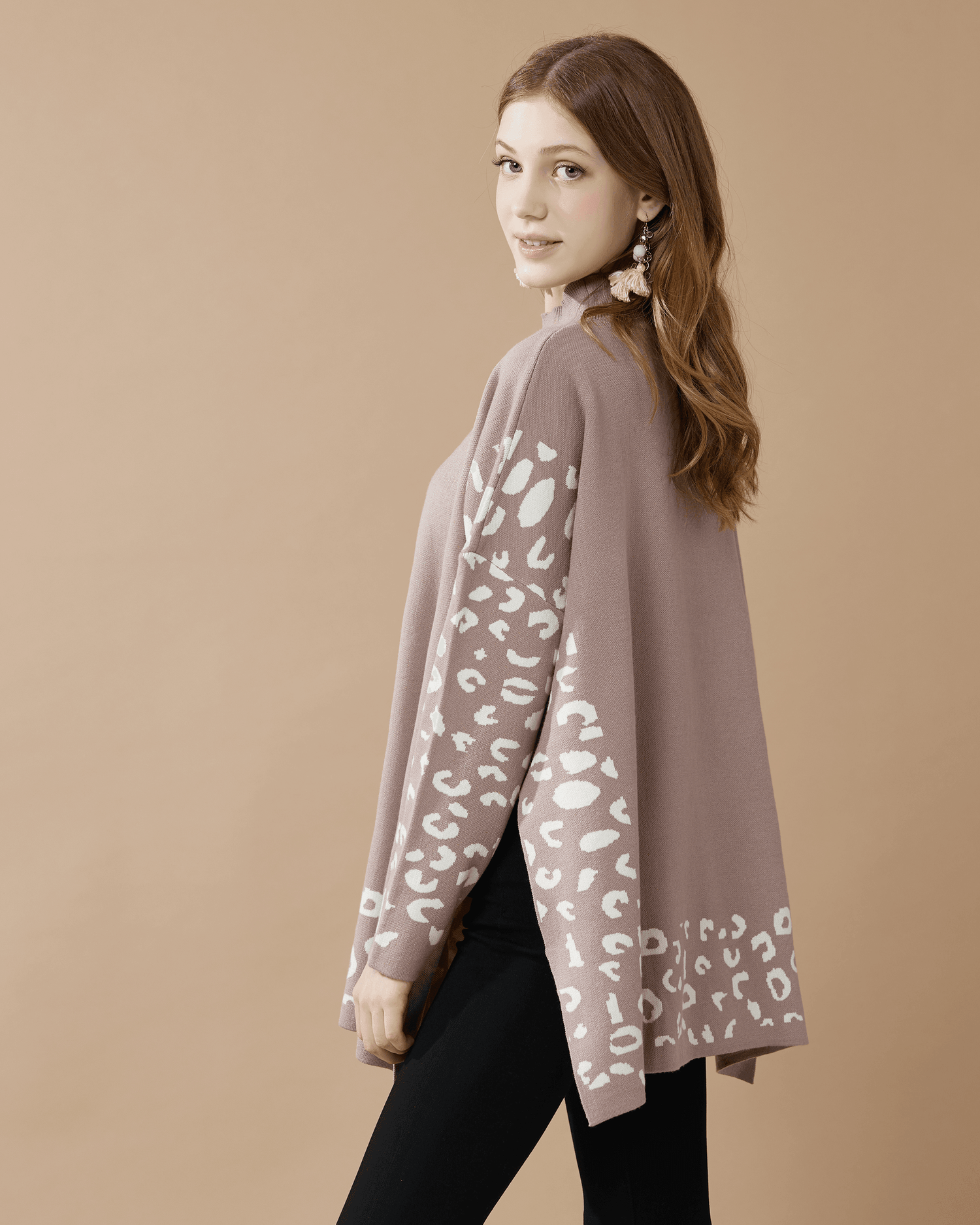 Mock Neck Leopard Print Sweater - Coco/Off White - noflik