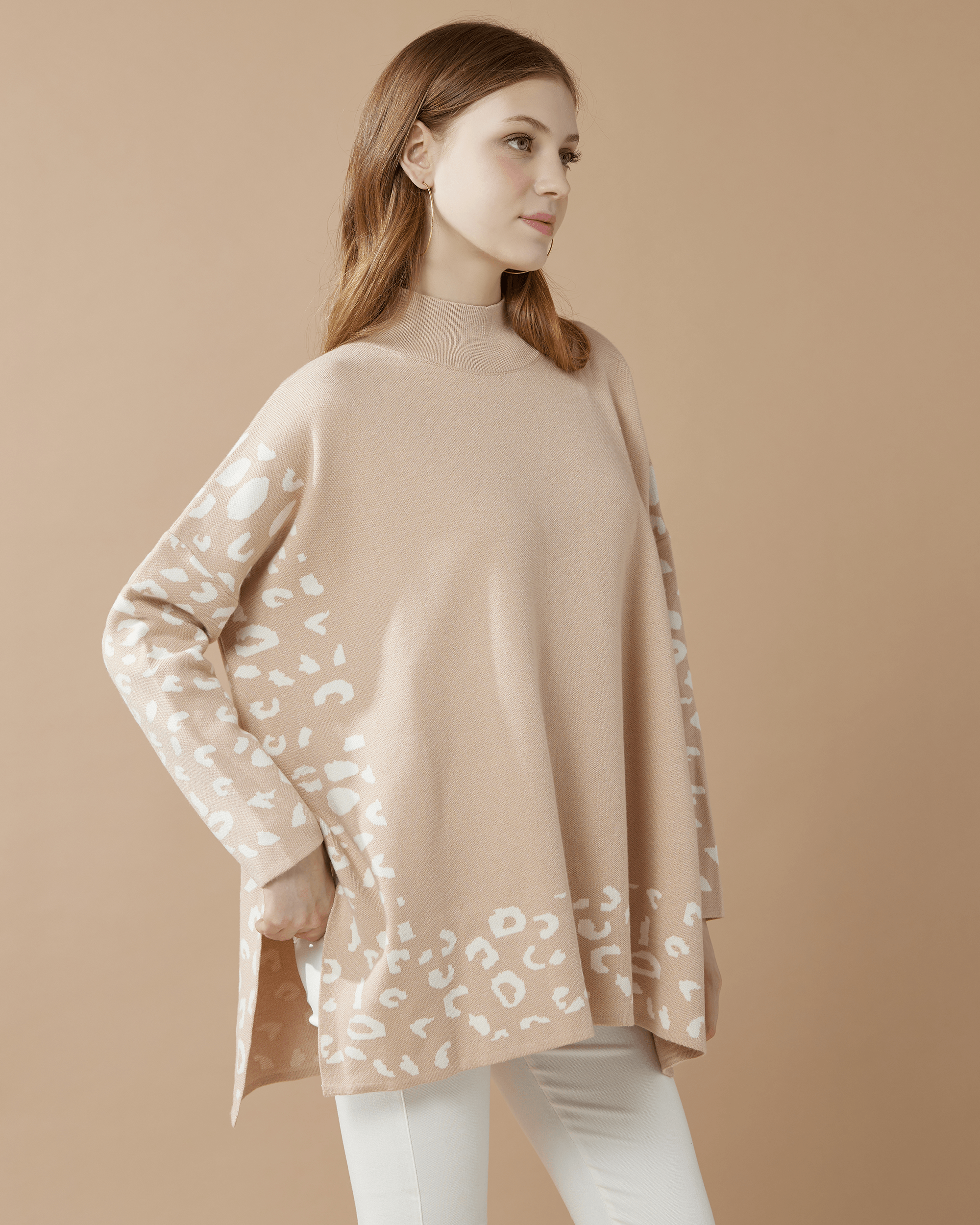 Mock Neck Leopard Print Sweater - Taupe/Off White