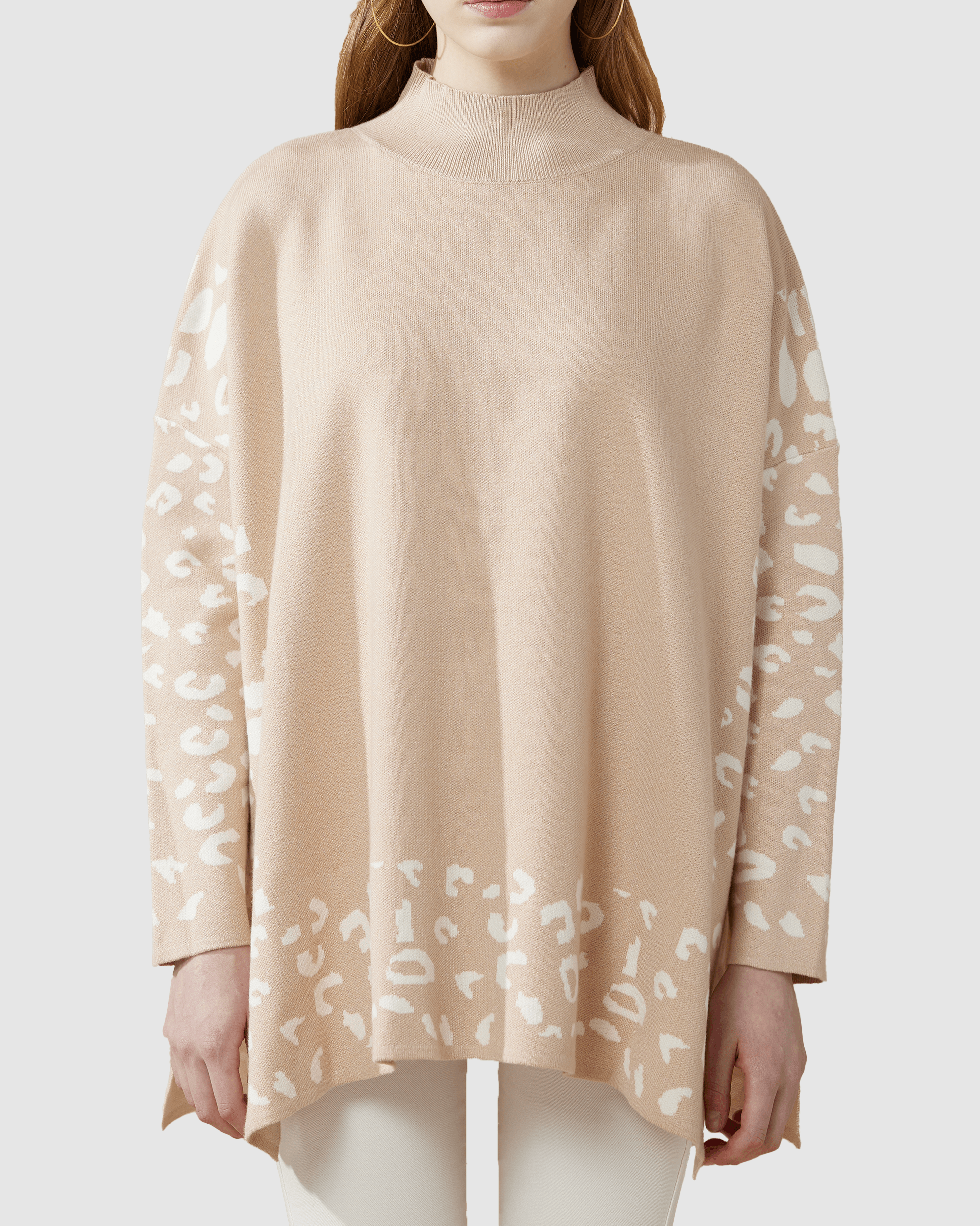 Mock Neck Leopard Print Sweater - Taupe/Off White