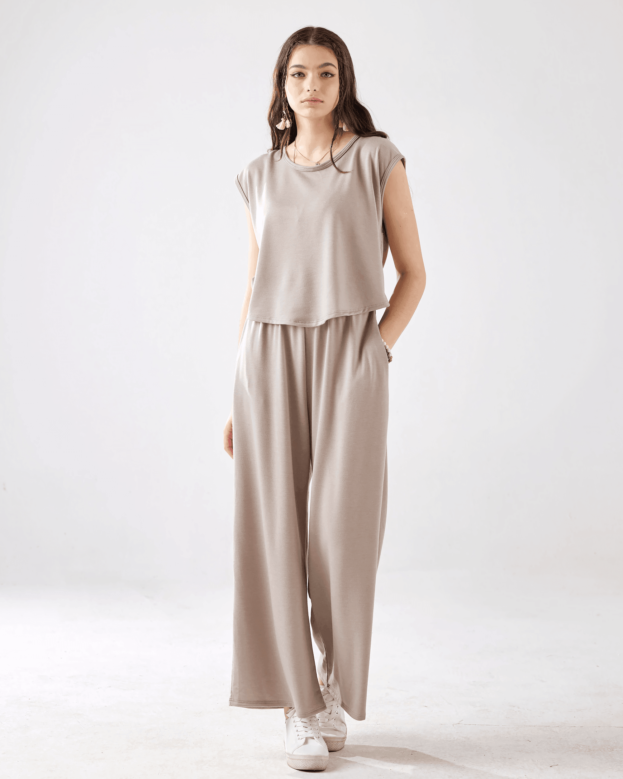 Open Front Wide Leg Jumpsuit - LT.Mocha