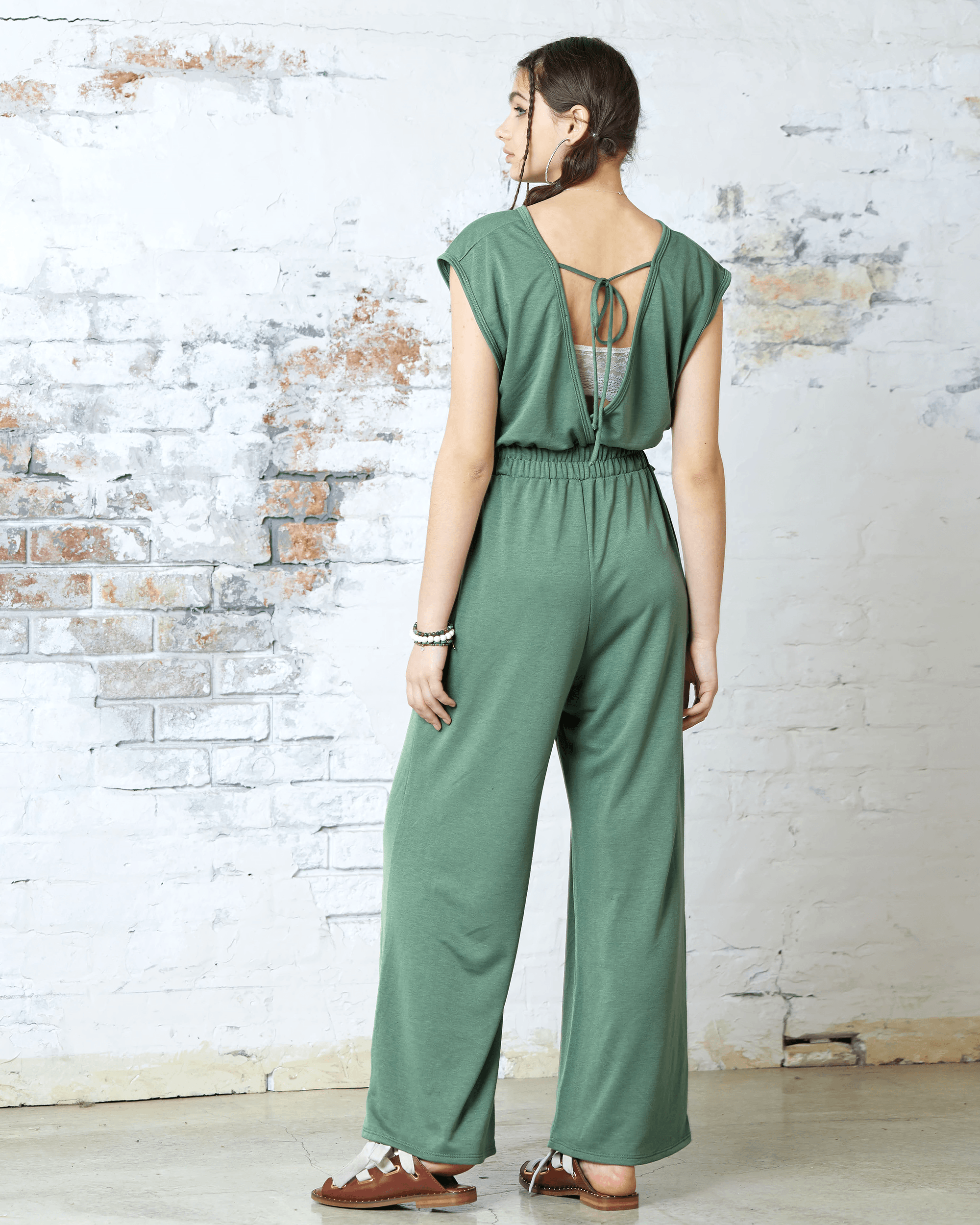 Washed Army Open Front Wide Leg Jumpsuit