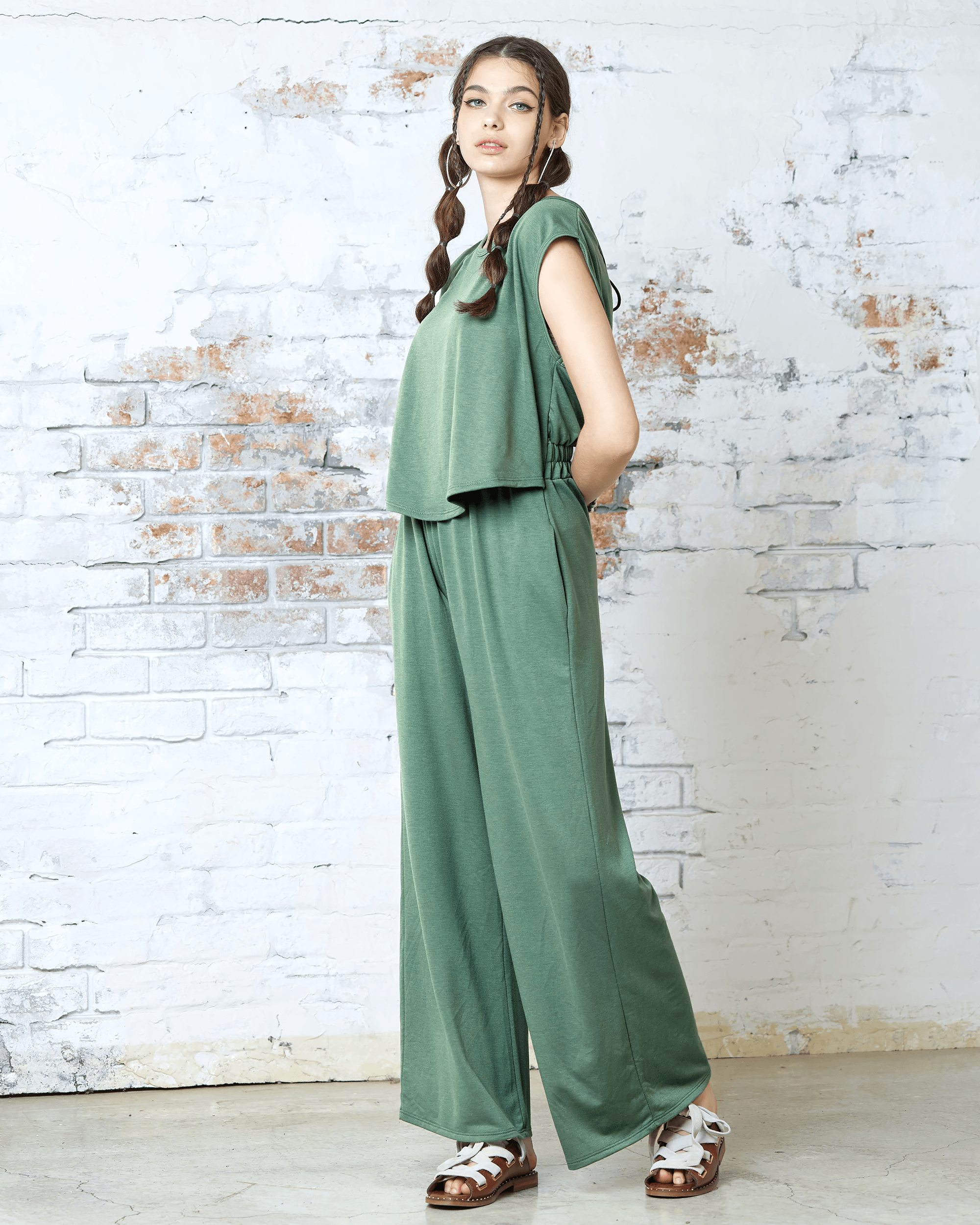 Washed Army Open Front Wide Leg Jumpsuit