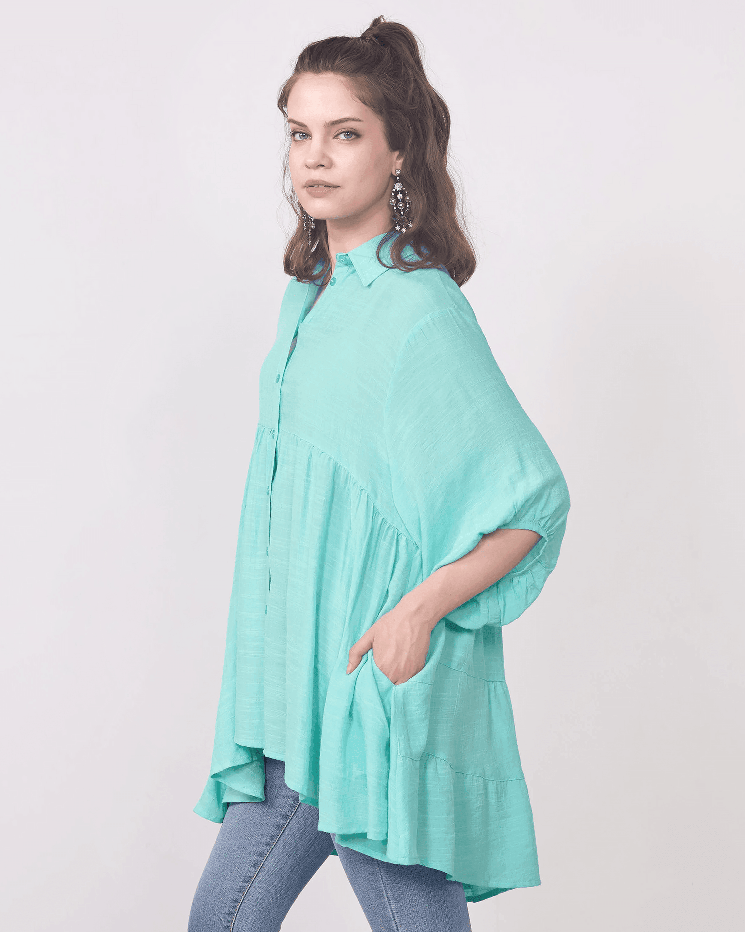 Oversized Babydoll Tunic Shirt - Aqua Mint - noflik