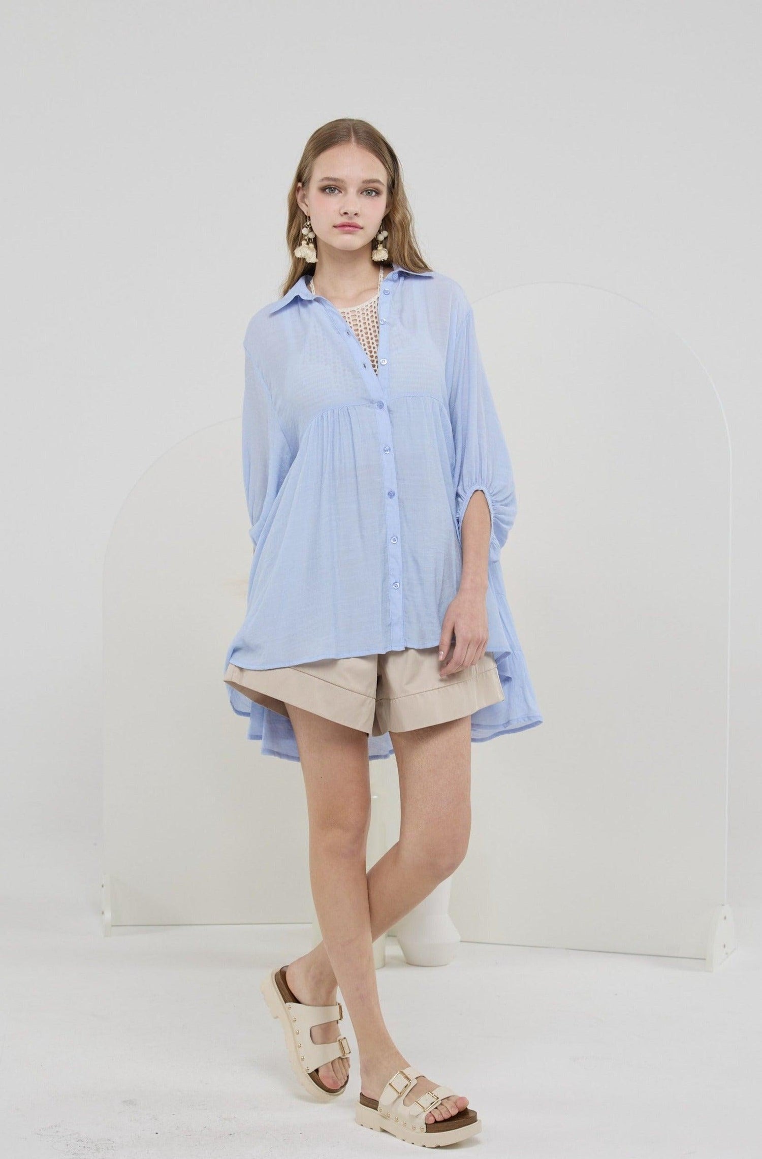 Oversized Babydoll Tunic Shirt - Light Blue - noflik