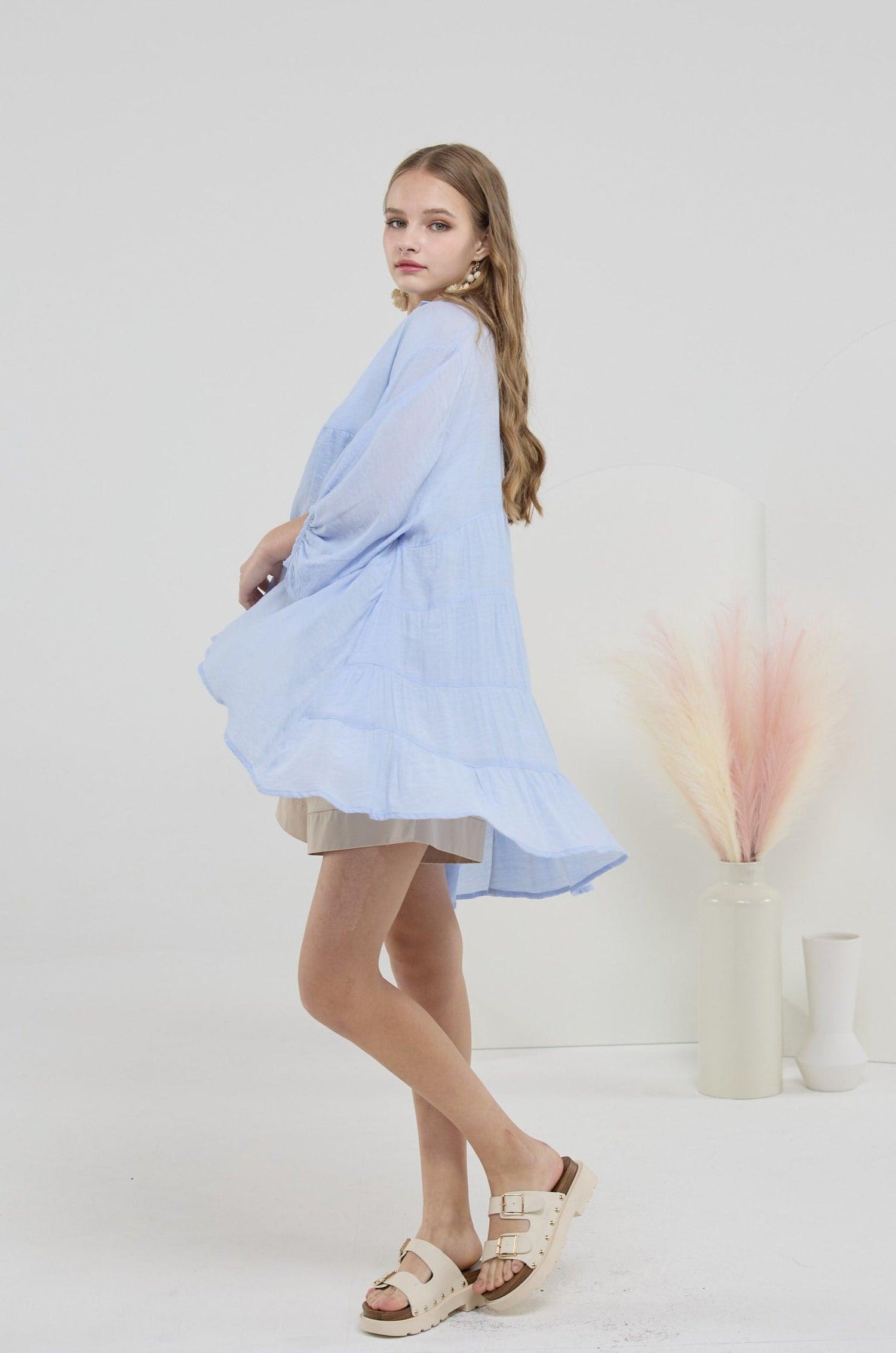 Oversized Babydoll Tunic Shirt - Light Blue - noflik