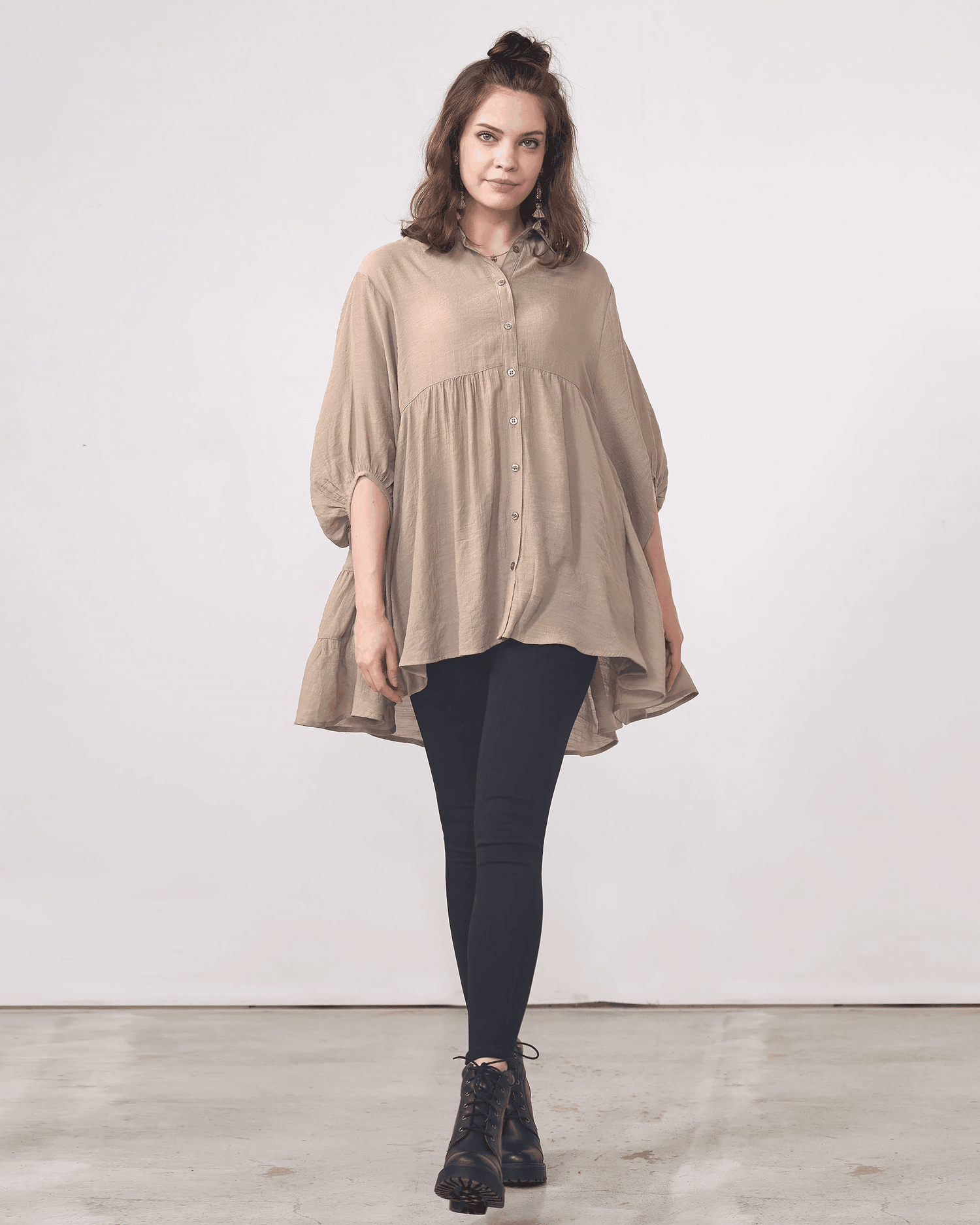 Oversized Babydoll Tunic Shirt - Warm Taupe - noflik