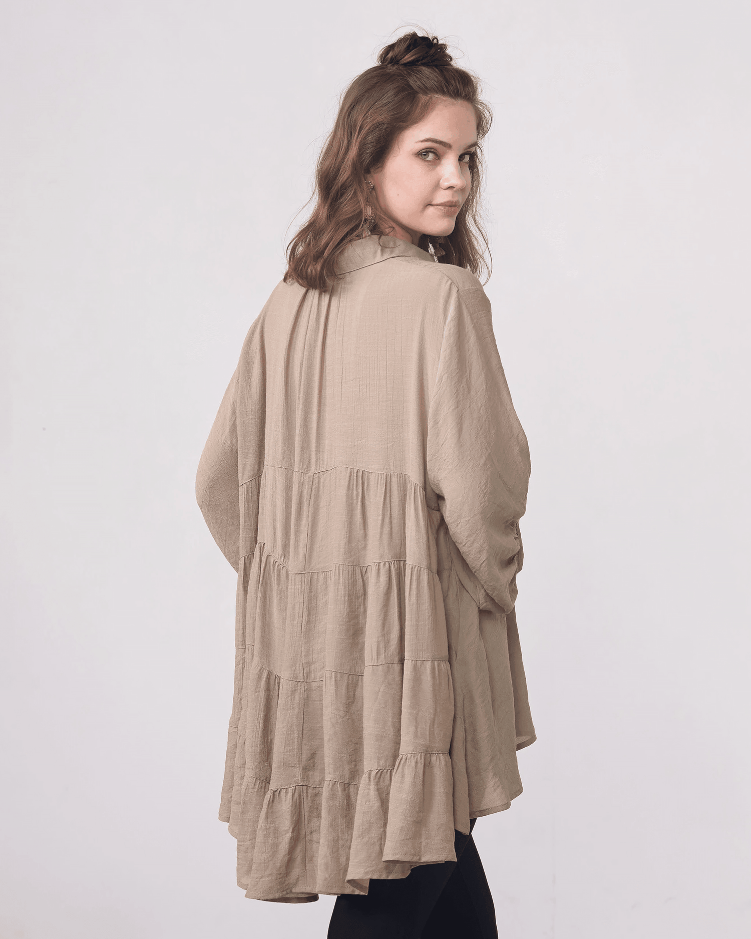 Oversized Babydoll Tunic Shirt - Warm Taupe - noflik