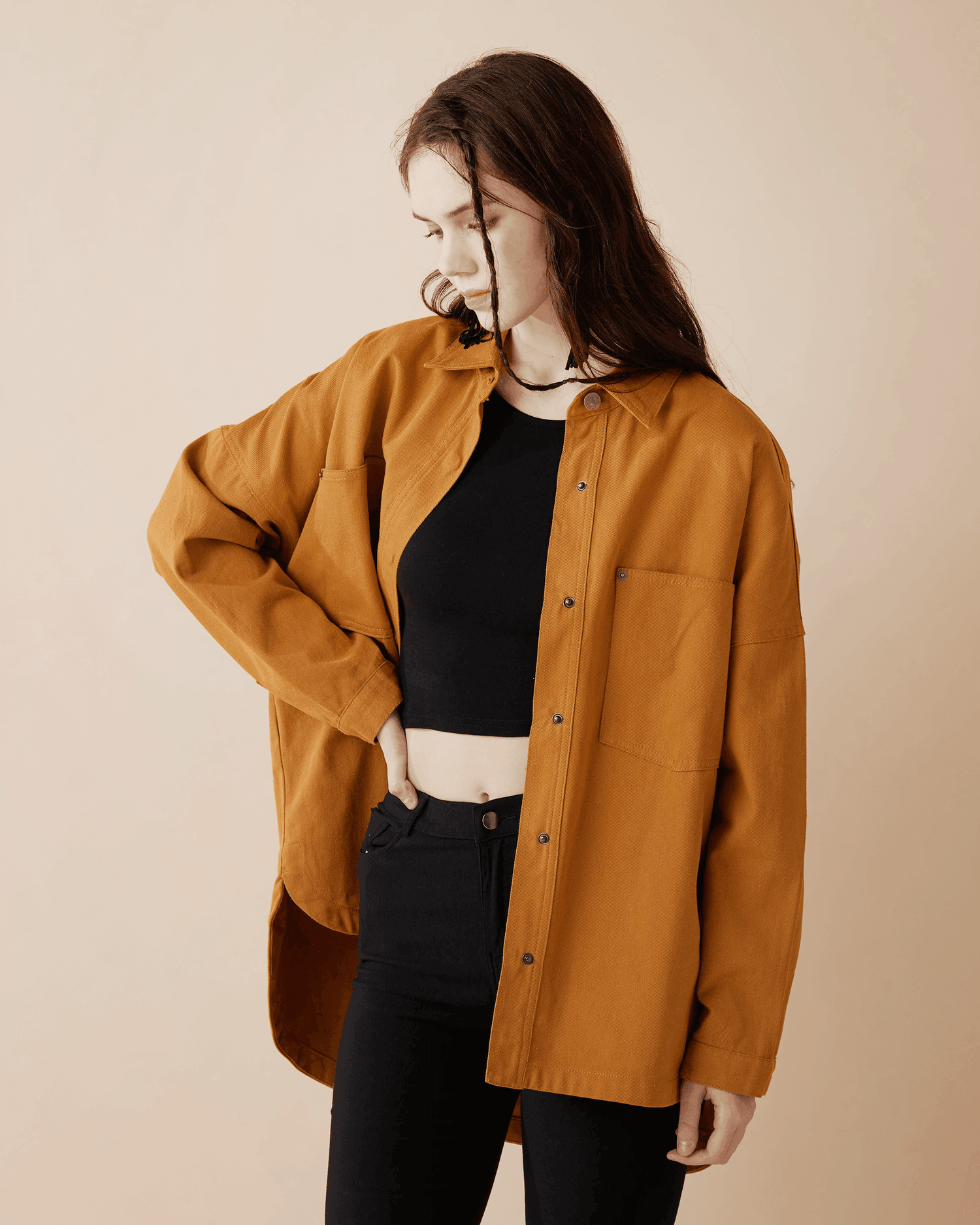 Oversized Twill Shirt Jacket - Camel - noflik