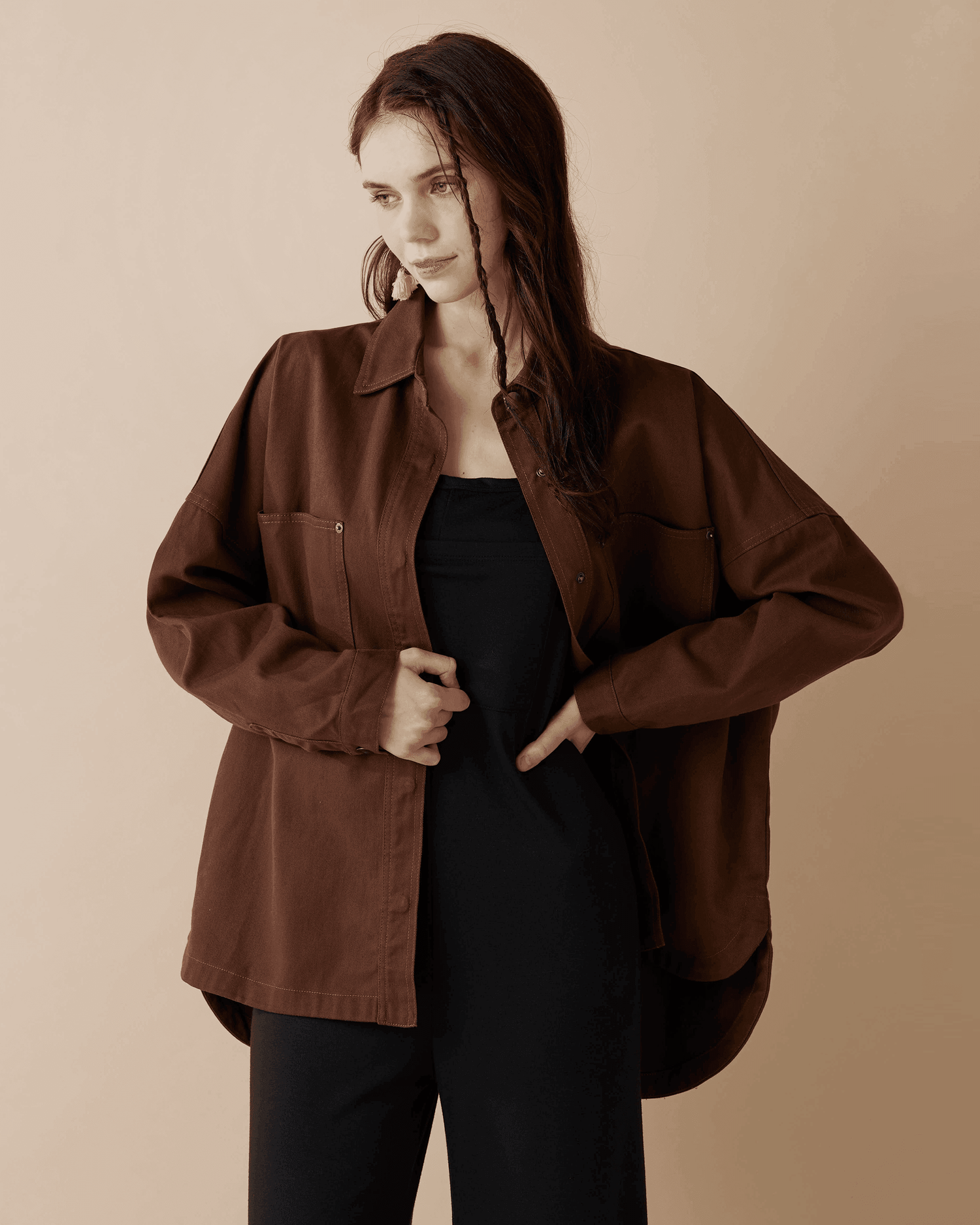 Oversized Twill Shirt Jacket - Chocolate - noflik