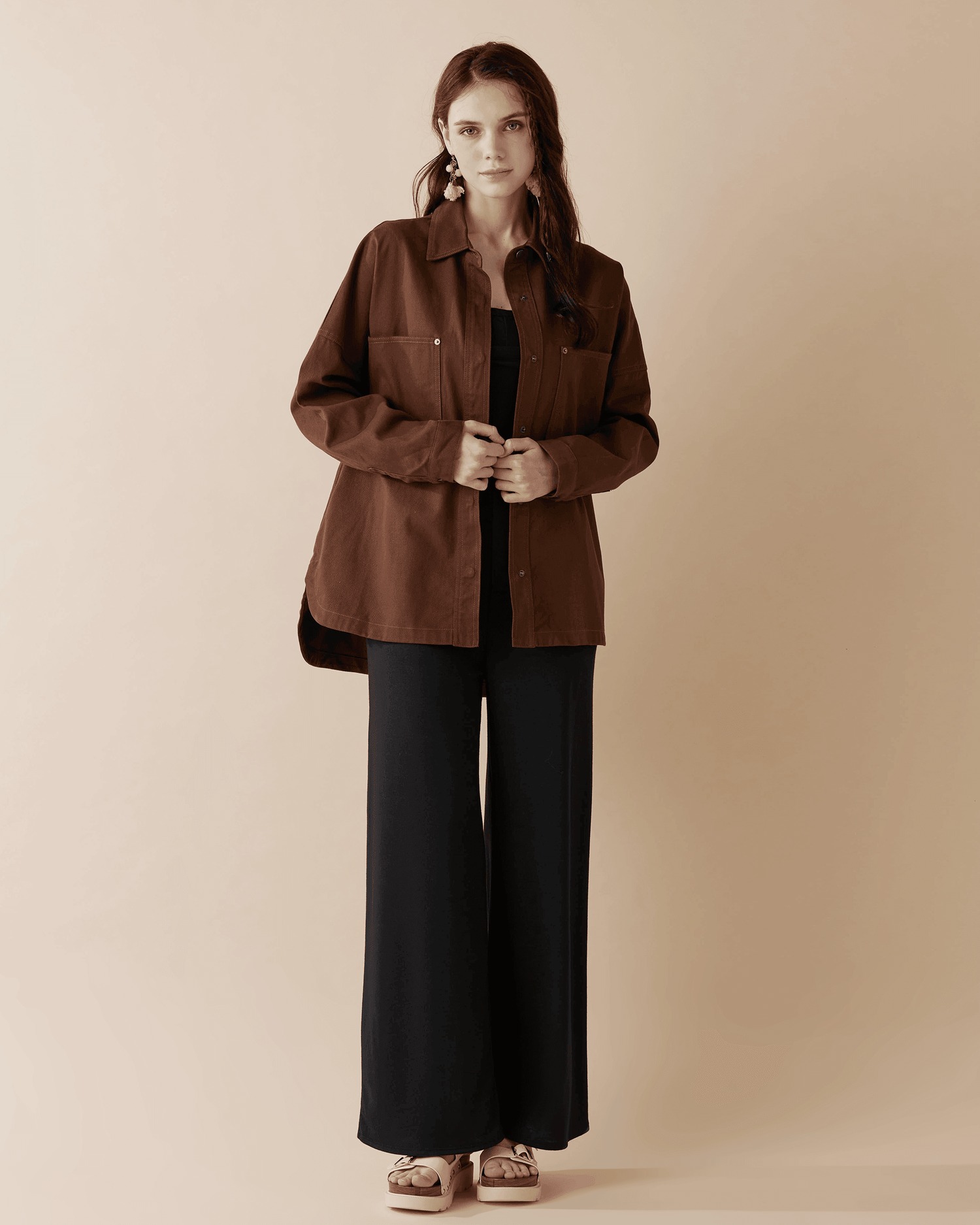 Oversized Twill Shirt Jacket - Chocolate - noflik