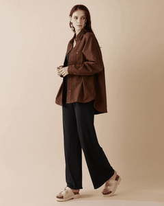 Oversized Twill Shirt Jacket - Chocolate - noflik