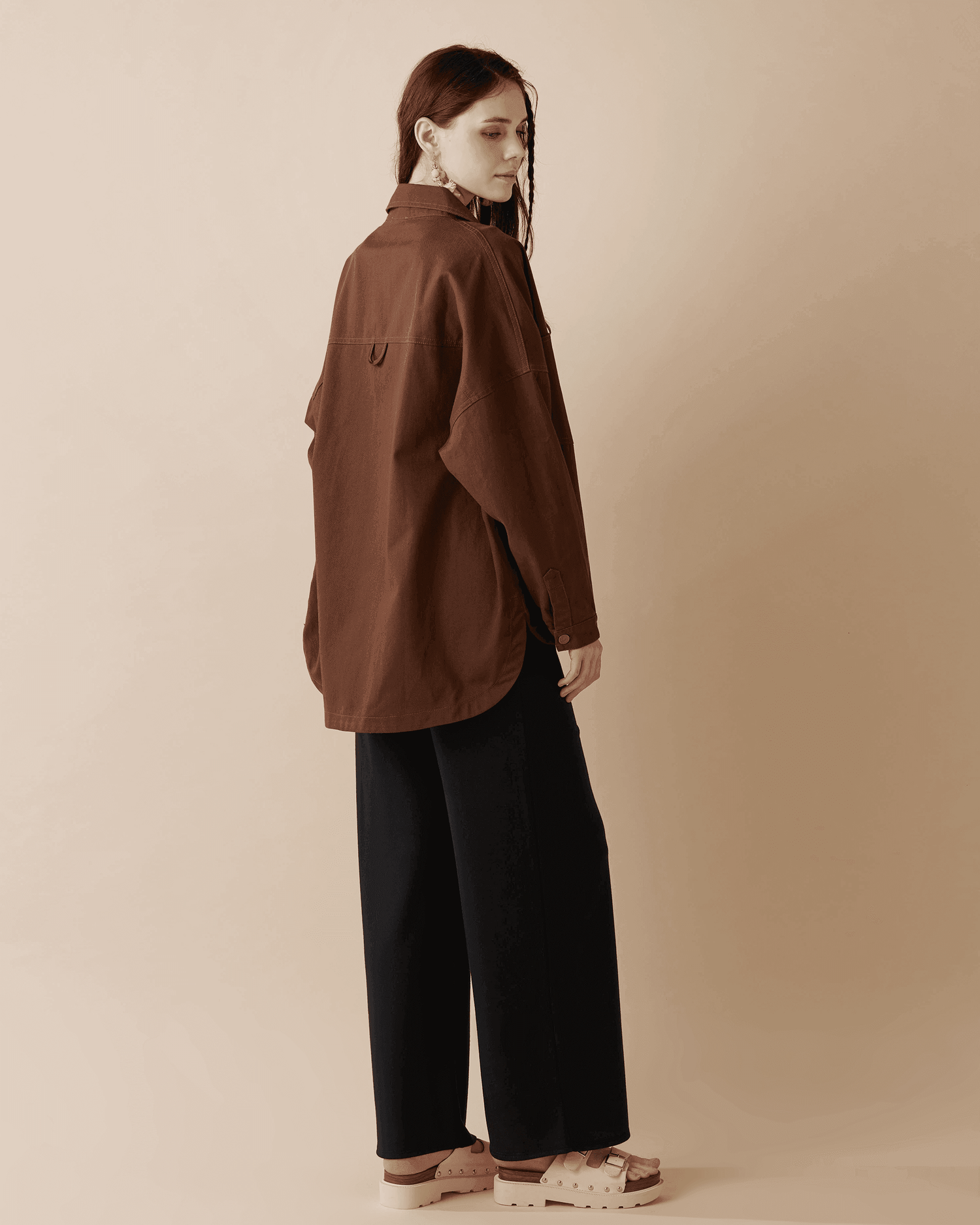 Oversized Twill Shirt Jacket - Chocolate - noflik