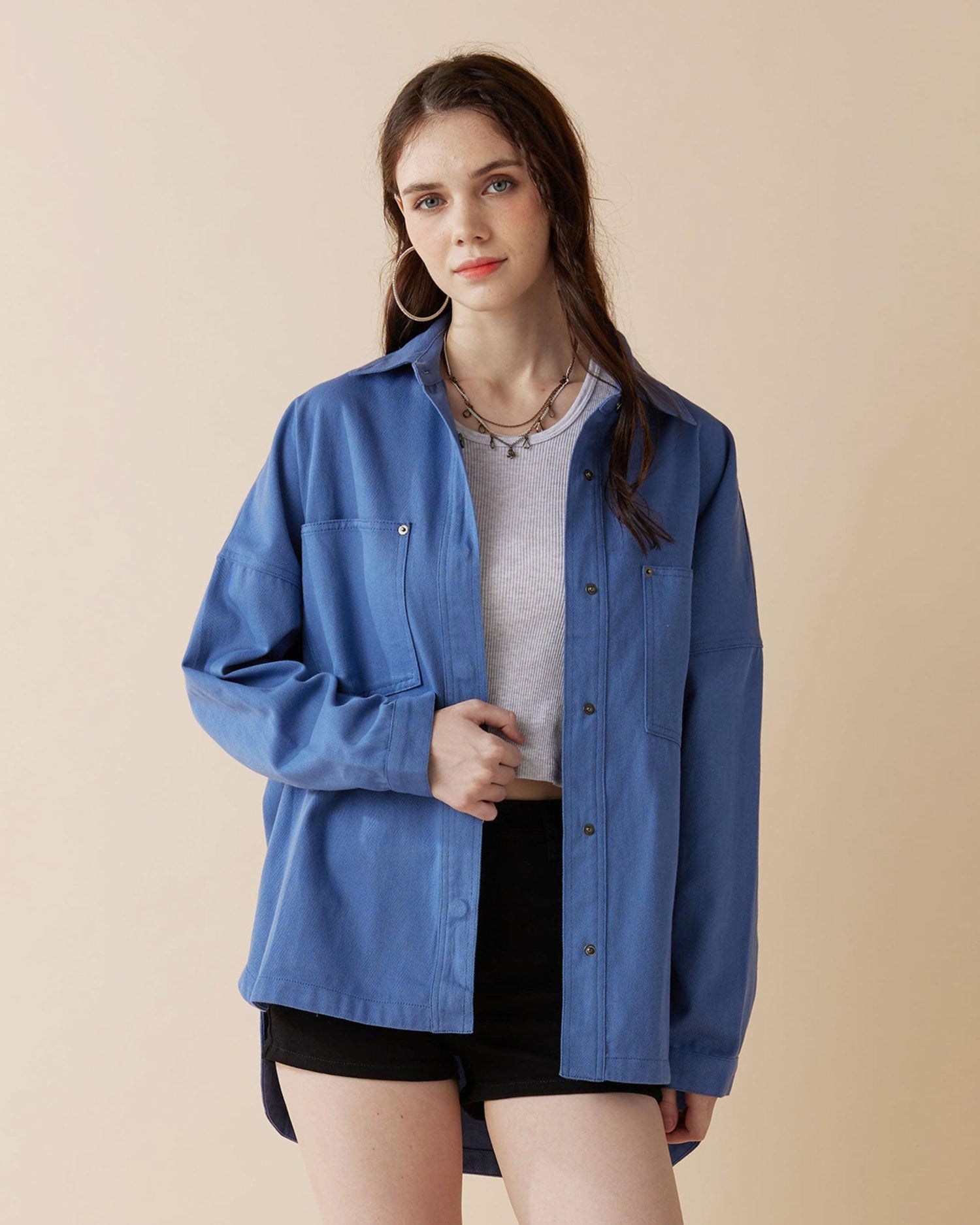 Oversized Twill Shirt Jacket - Denim - noflik