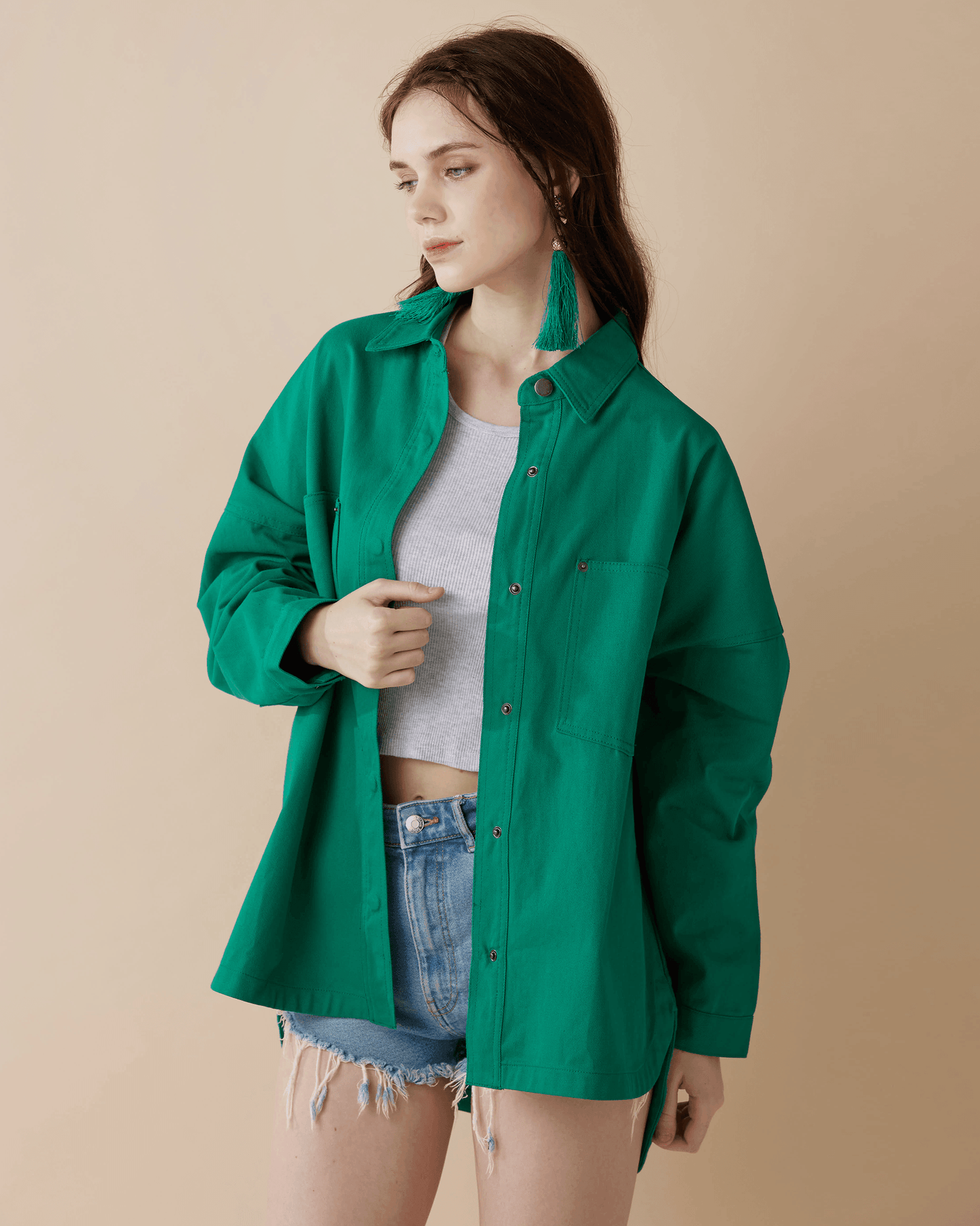 Oversized Twill Shirt Jacket - Green - noflik