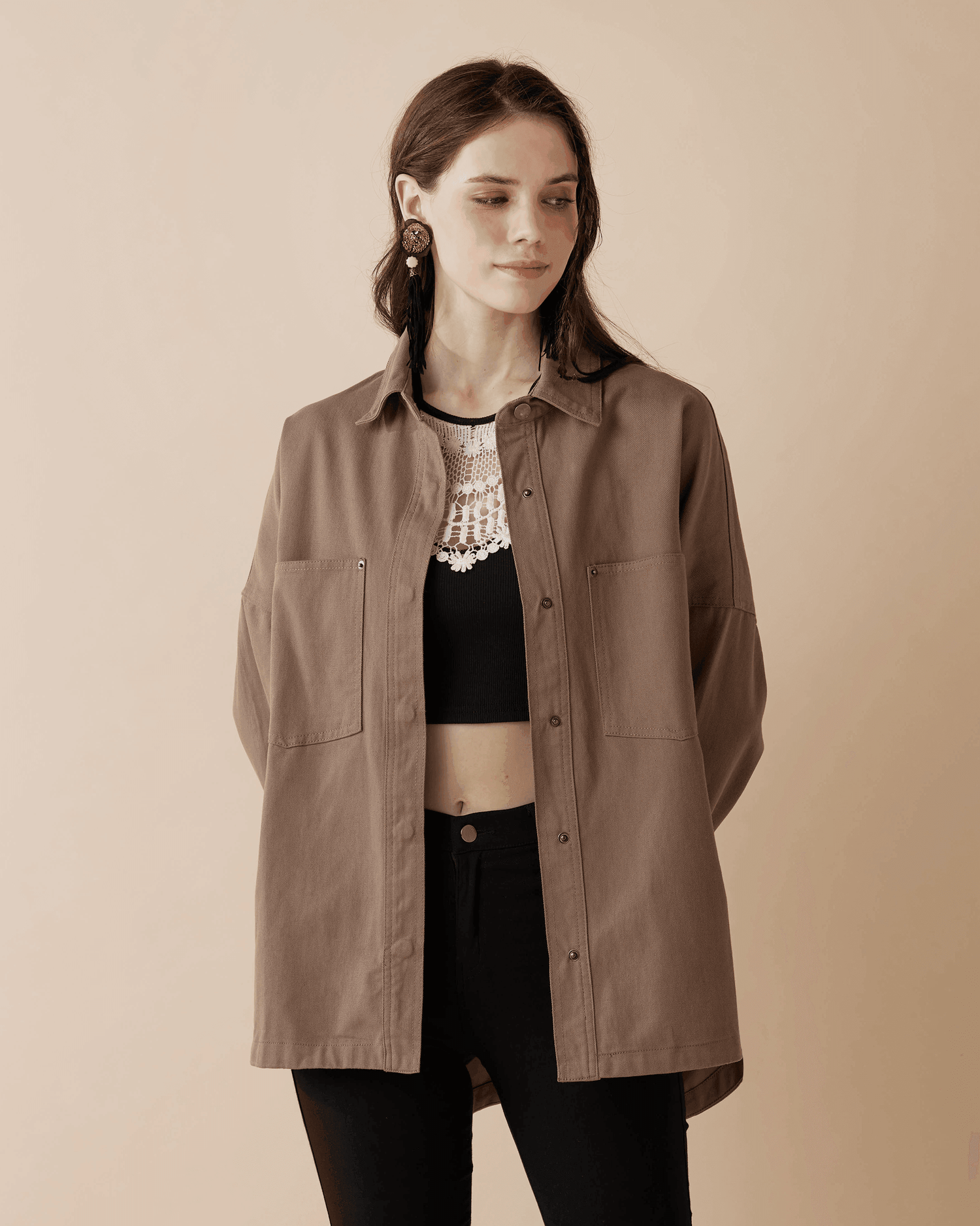 Oversized Twill Shirt Jacket - Mushroom - noflik