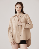 Oversized Twill Shirt Jacket - Taupe - noflik