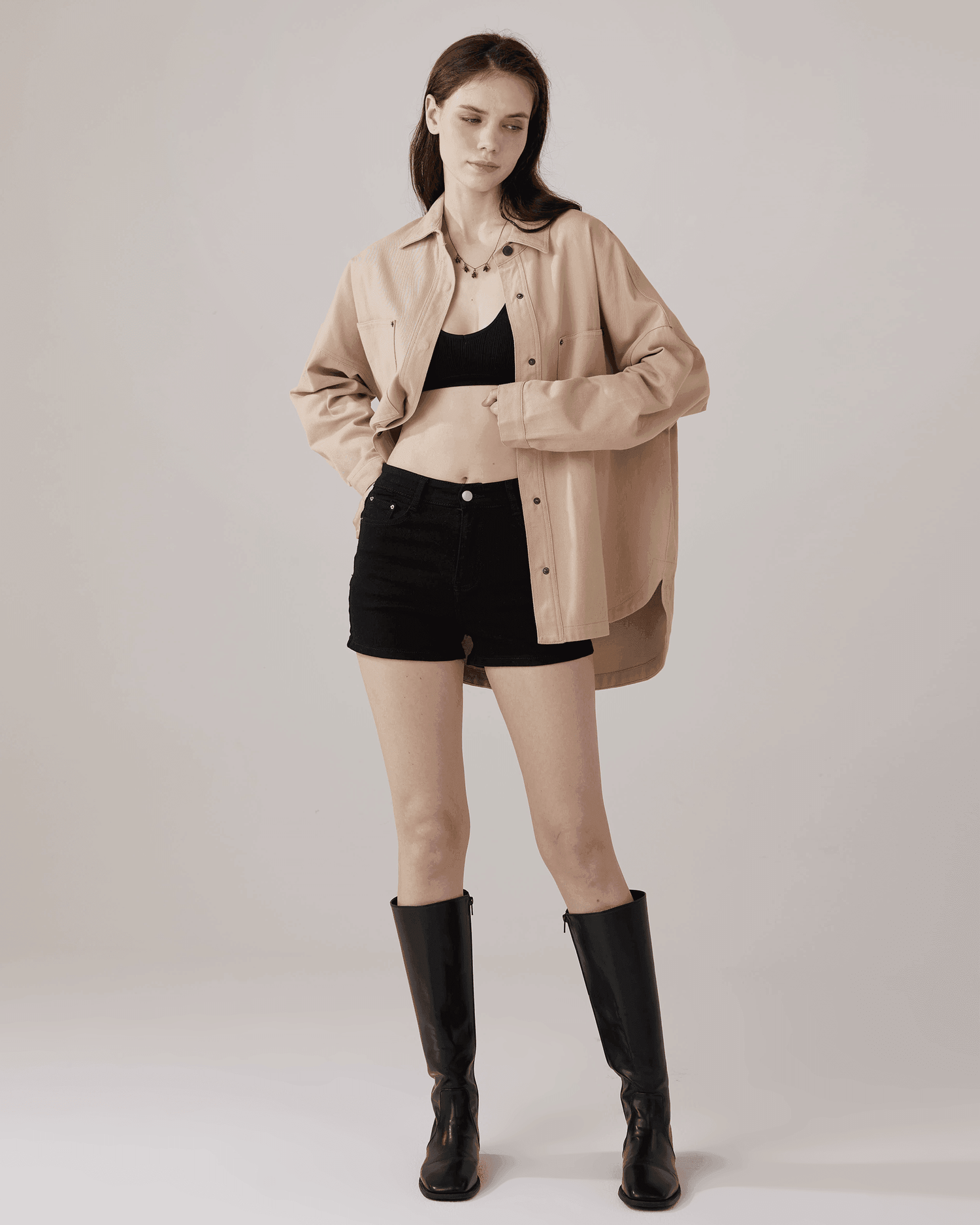 Oversized Twill Shirt Jacket - Taupe - noflik