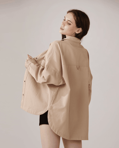 Oversized Twill Shirt Jacket - Taupe - noflik