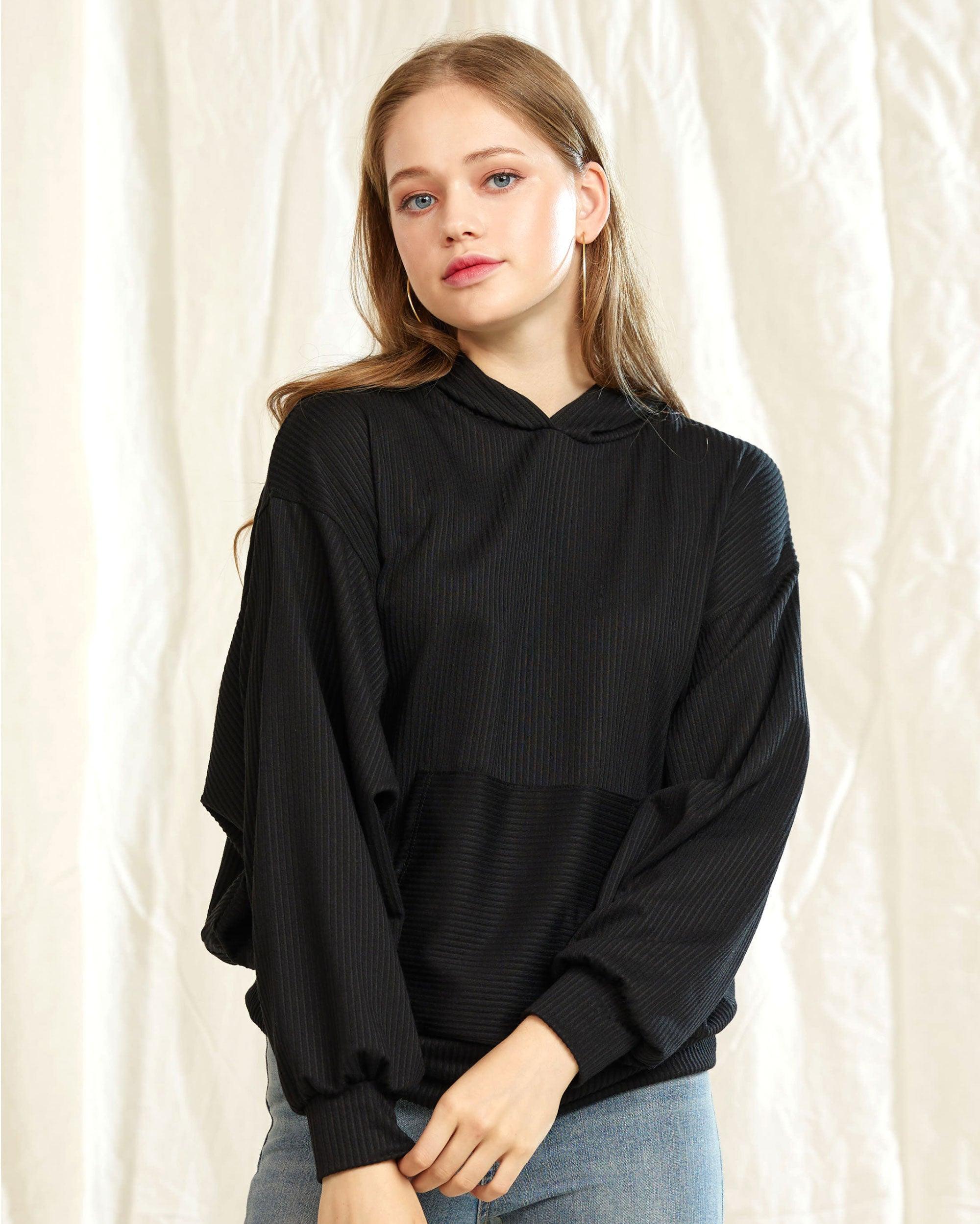 Black ribbed dolman sleeve hoodie