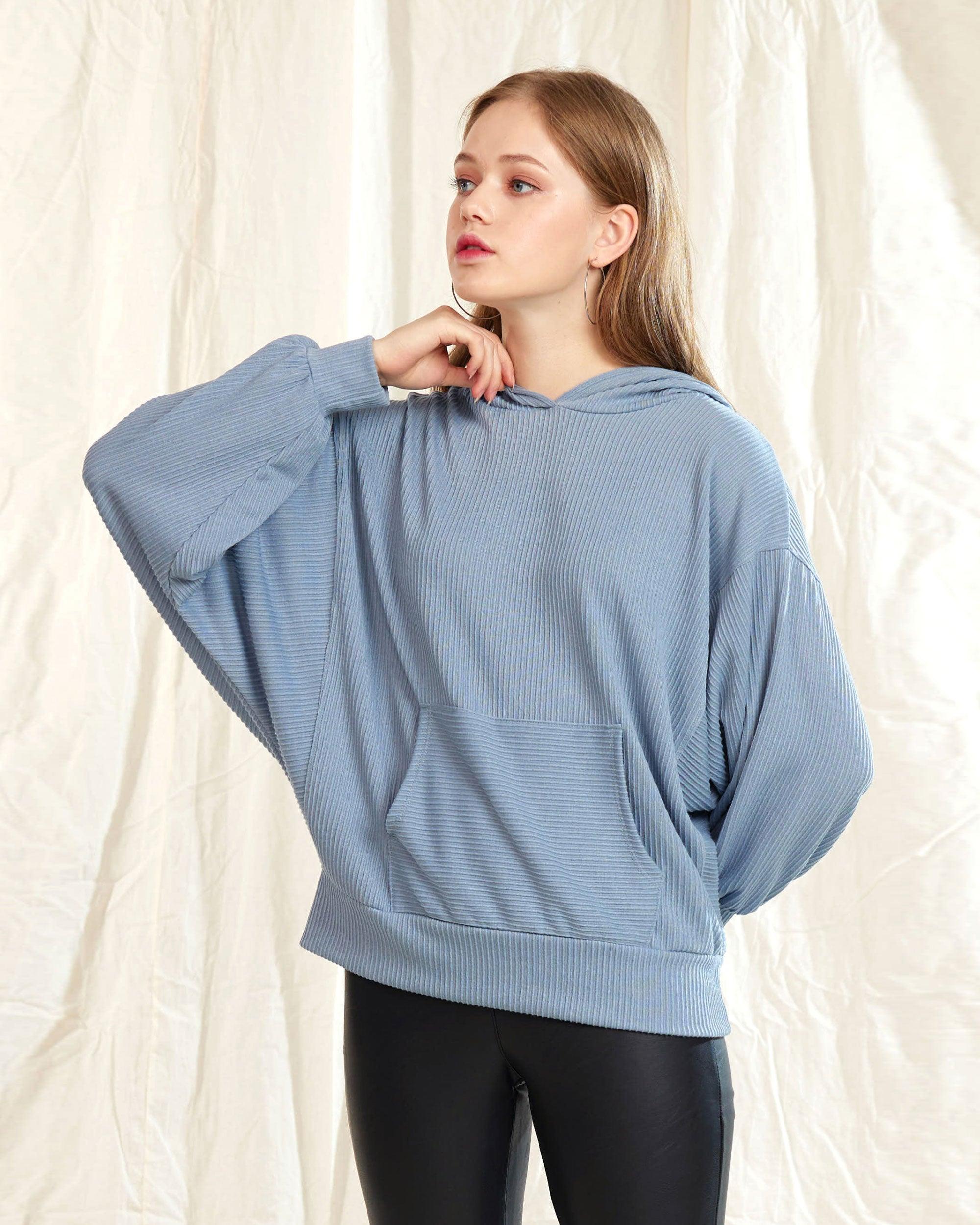 Blue ribbed dolman sleeve hoodie