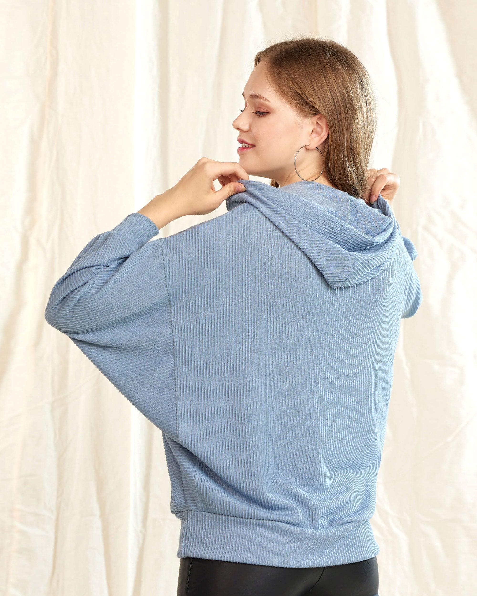 Blue ribbed dolman sleeve hoodie