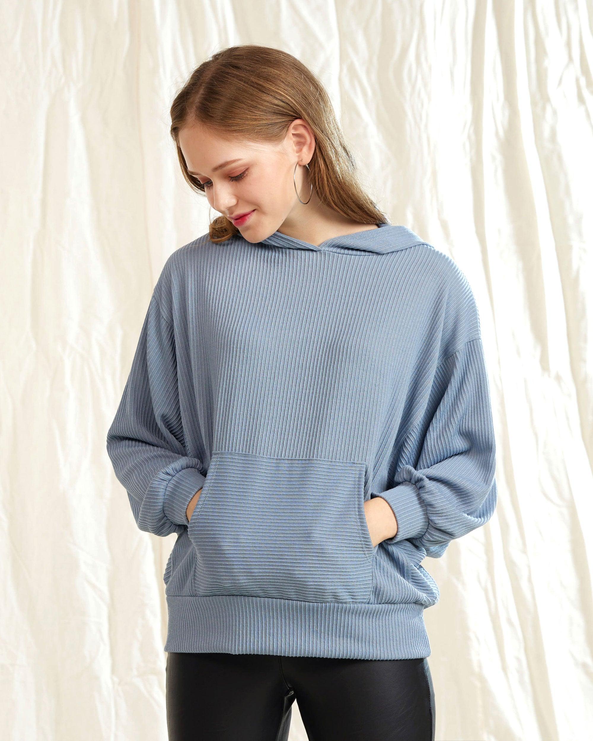 Blue ribbed dolman sleeve hoodie