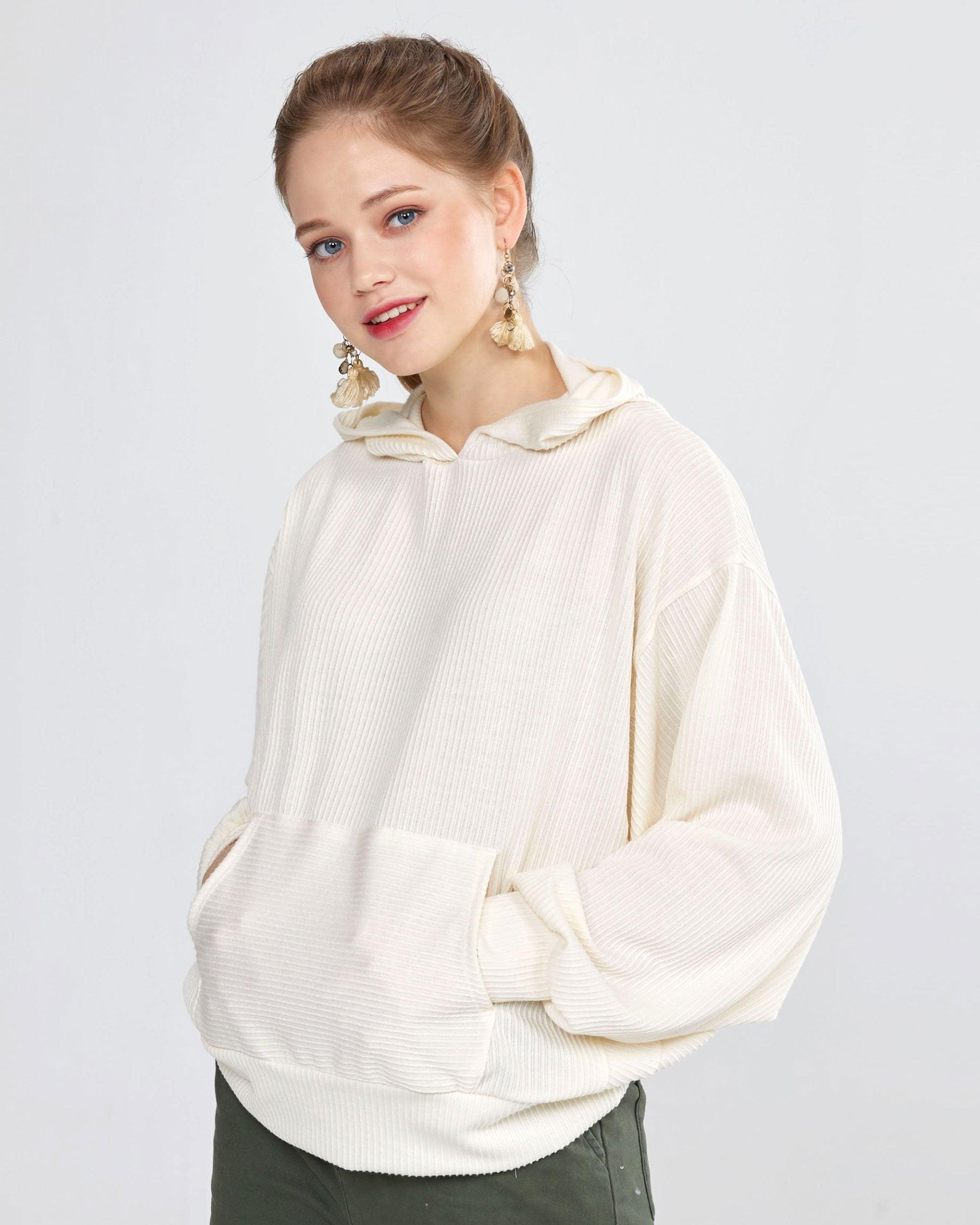 Ivory ribbed dolman sleeve hoodie