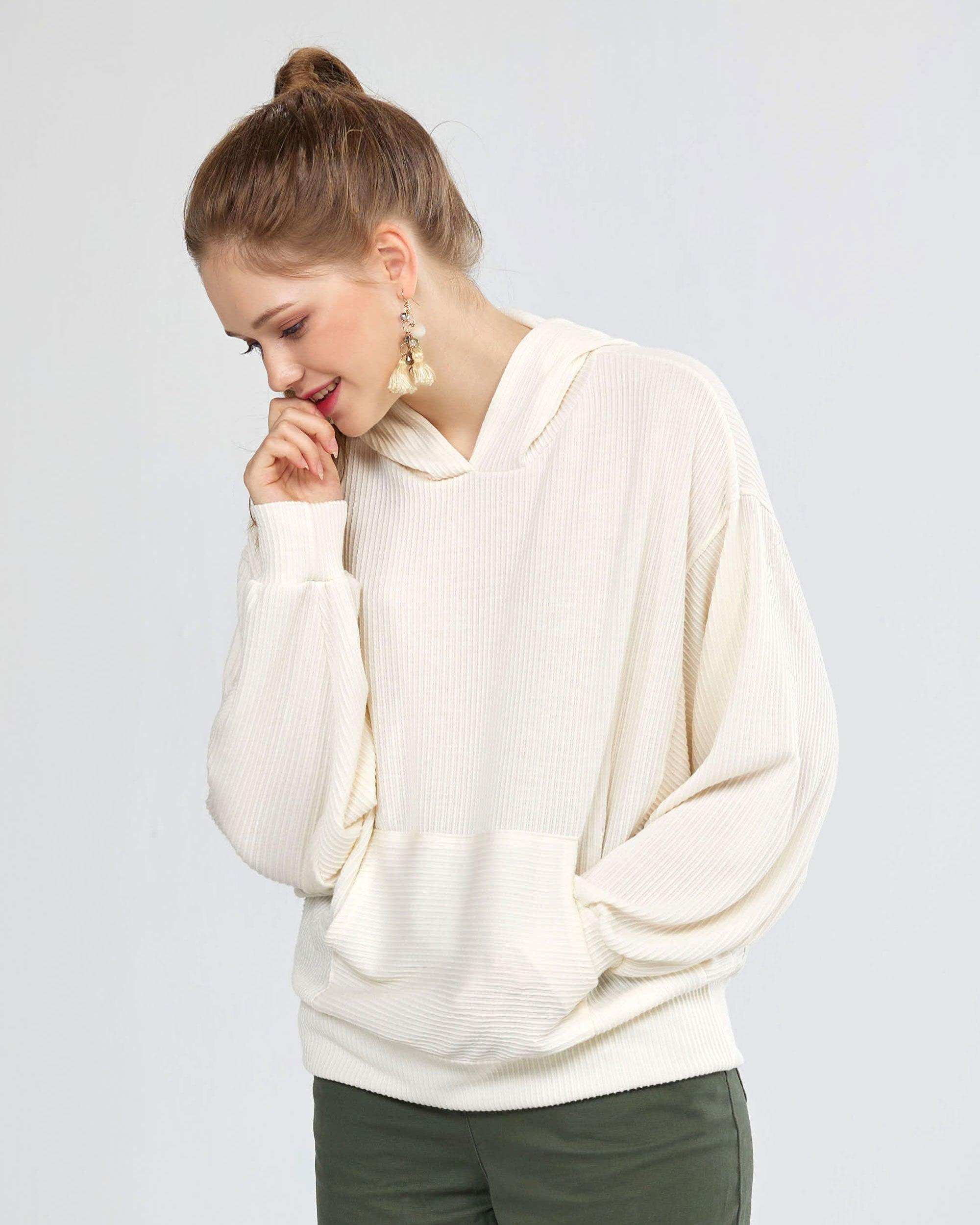 Ivory ribbed dolman sleeve hoodie