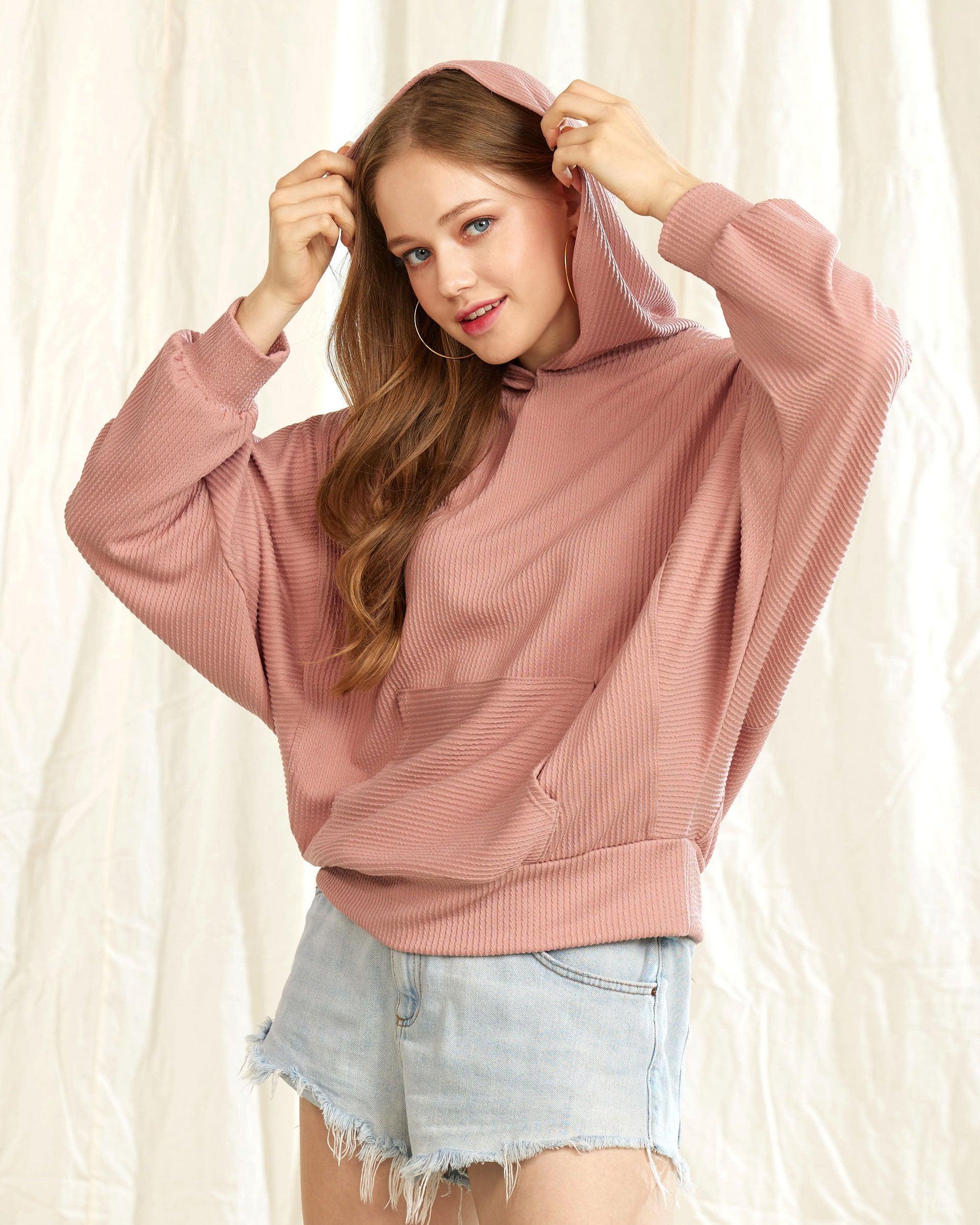 Mauve ribbed dolman sleeve hoodie