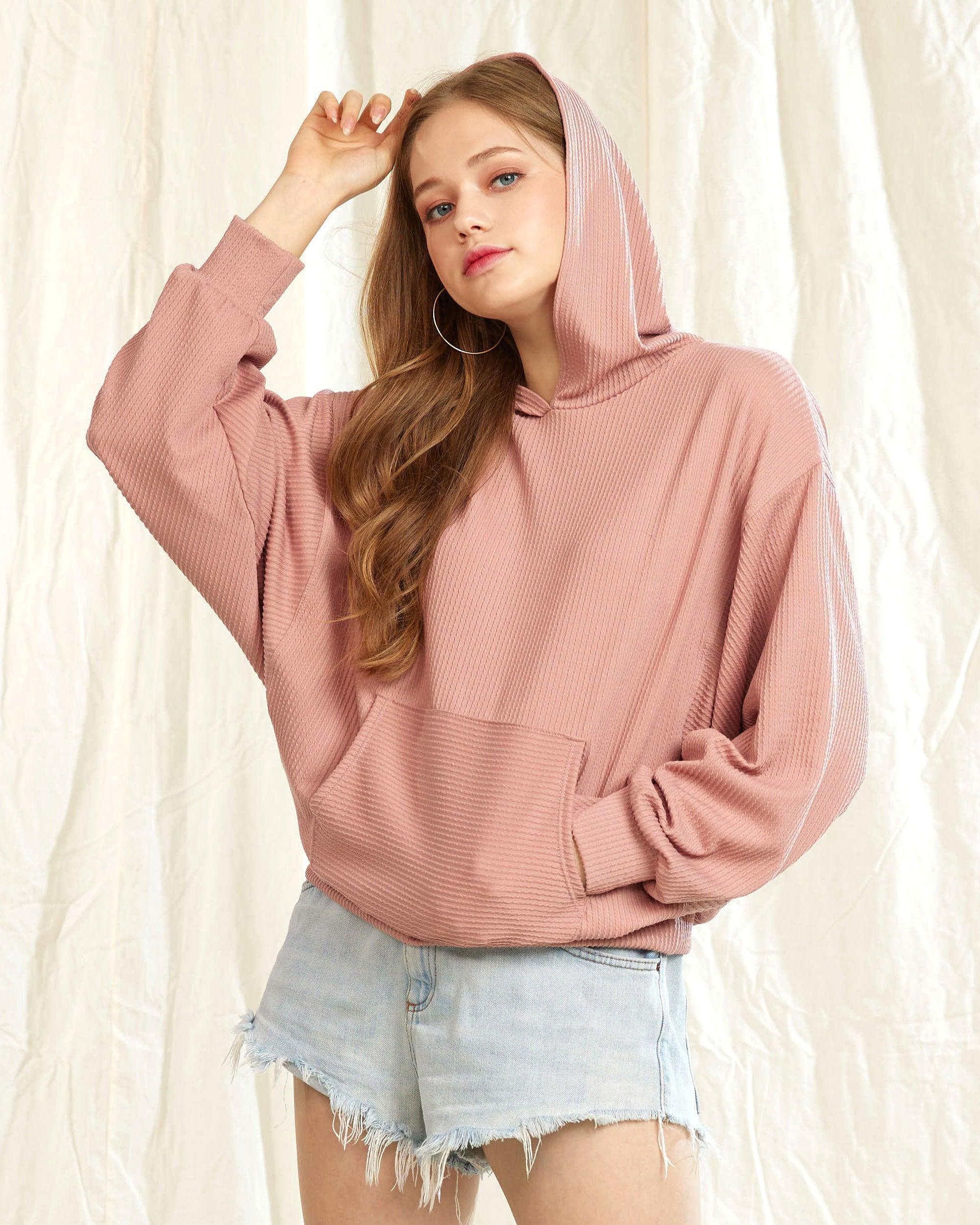 Mauve ribbed dolman sleeve hoodie